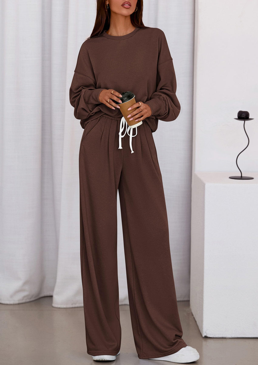 Womens 2 Piece Sets Long Sleeve Sweatshirt Wide Leg Pants Loose Matching Lounge Set Trendy Fall Outfits