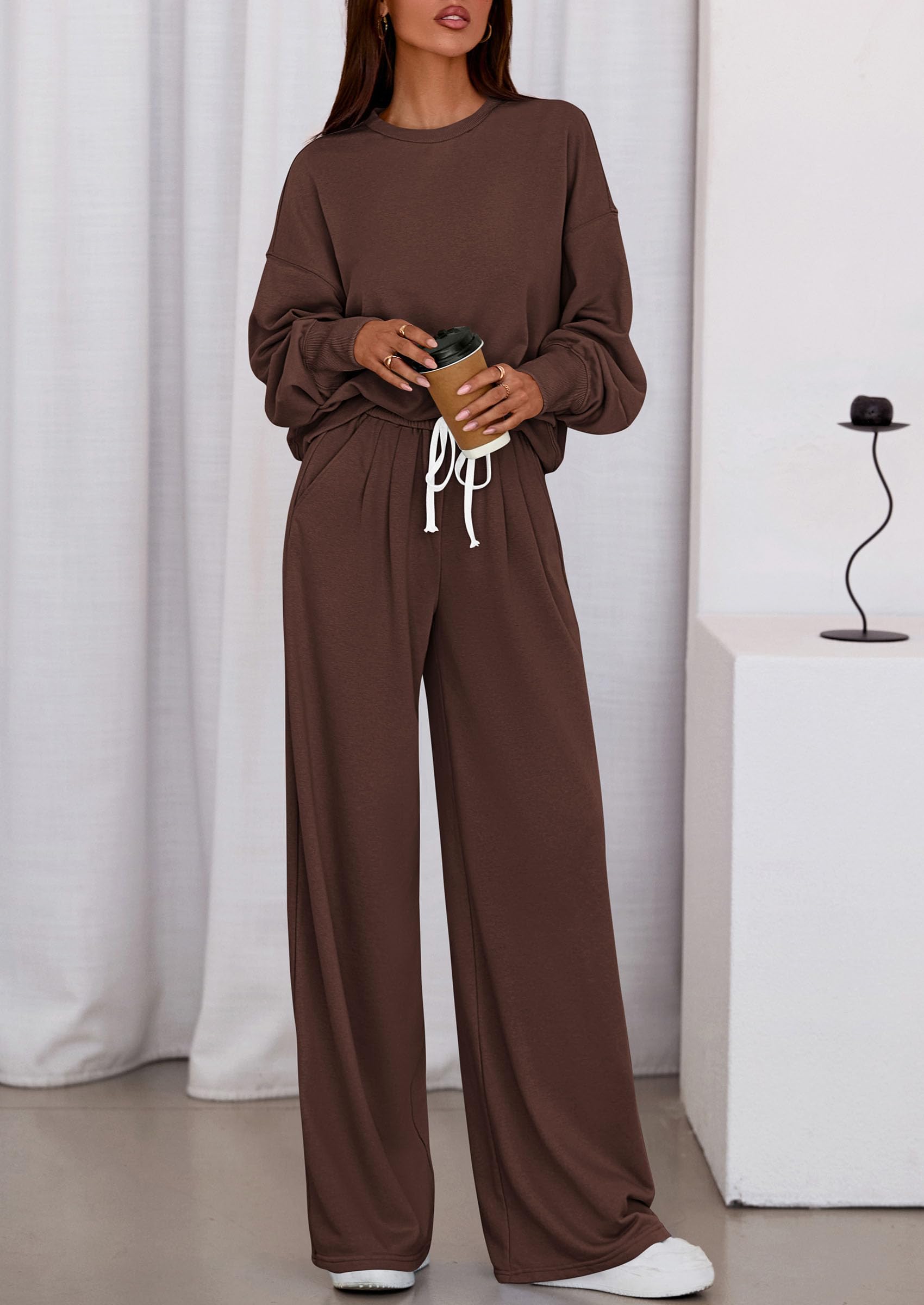 Womens 2 Piece Sets Long Sleeve Sweatshirt Wide Leg Pants Loose Matching Lounge Set Trendy Fall Outfits