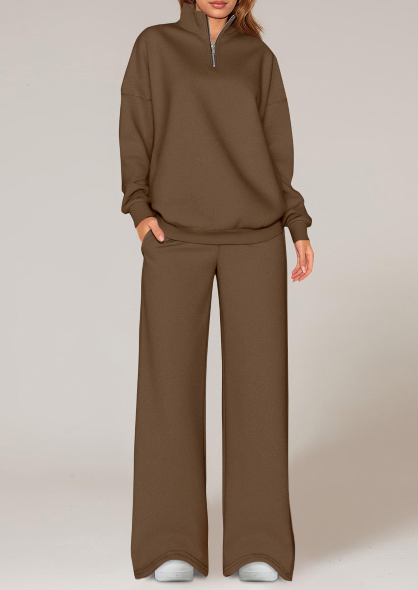 Womens Casual Two Piece Sets Fall Outfits Quarter Zip Sweatshirts Straight Leg Pants Sweatsuits Tracksuit