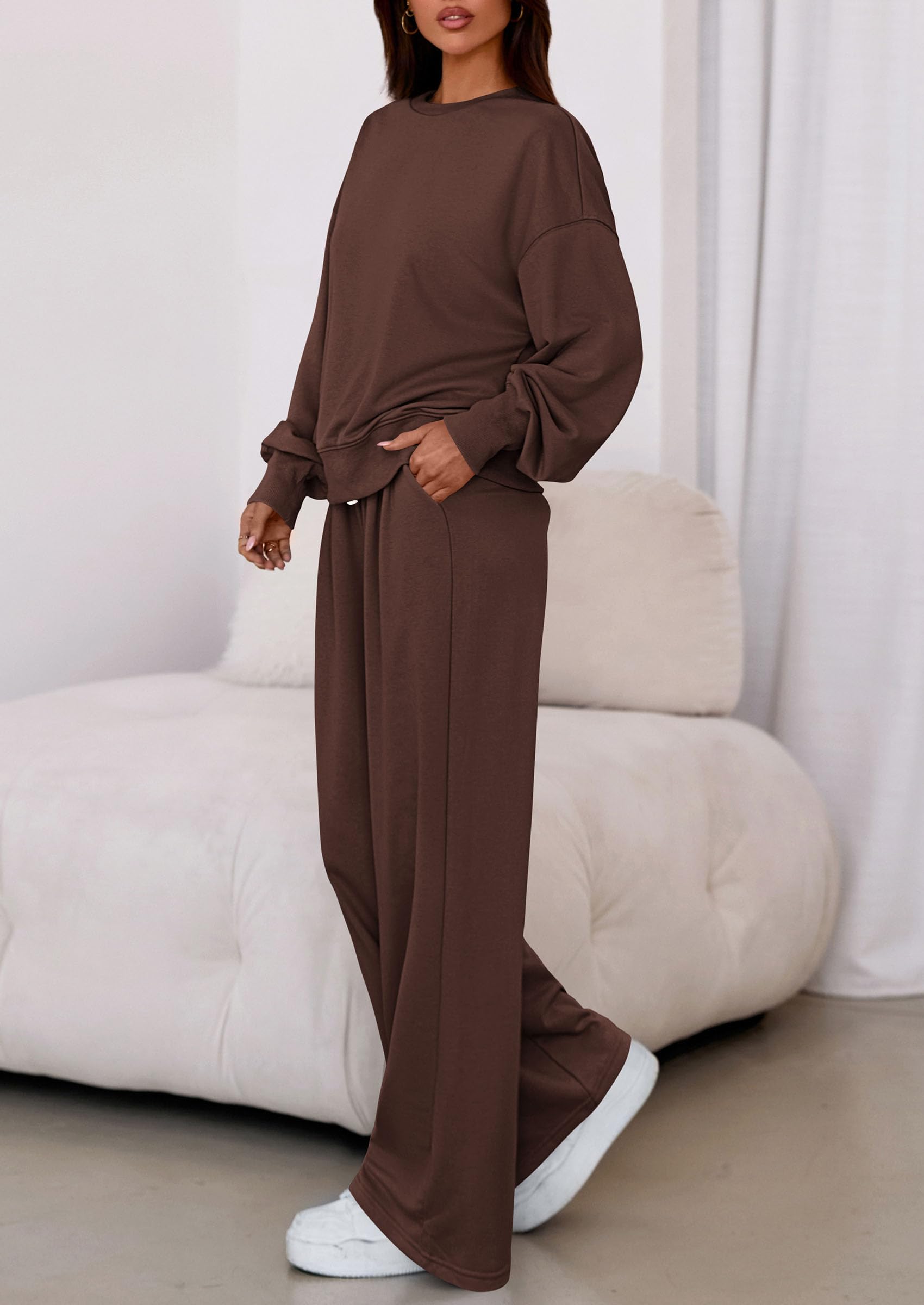 Womens 2 Piece Sets Long Sleeve Sweatshirt Wide Leg Pants Loose Matching Lounge Set Trendy Fall Outfits