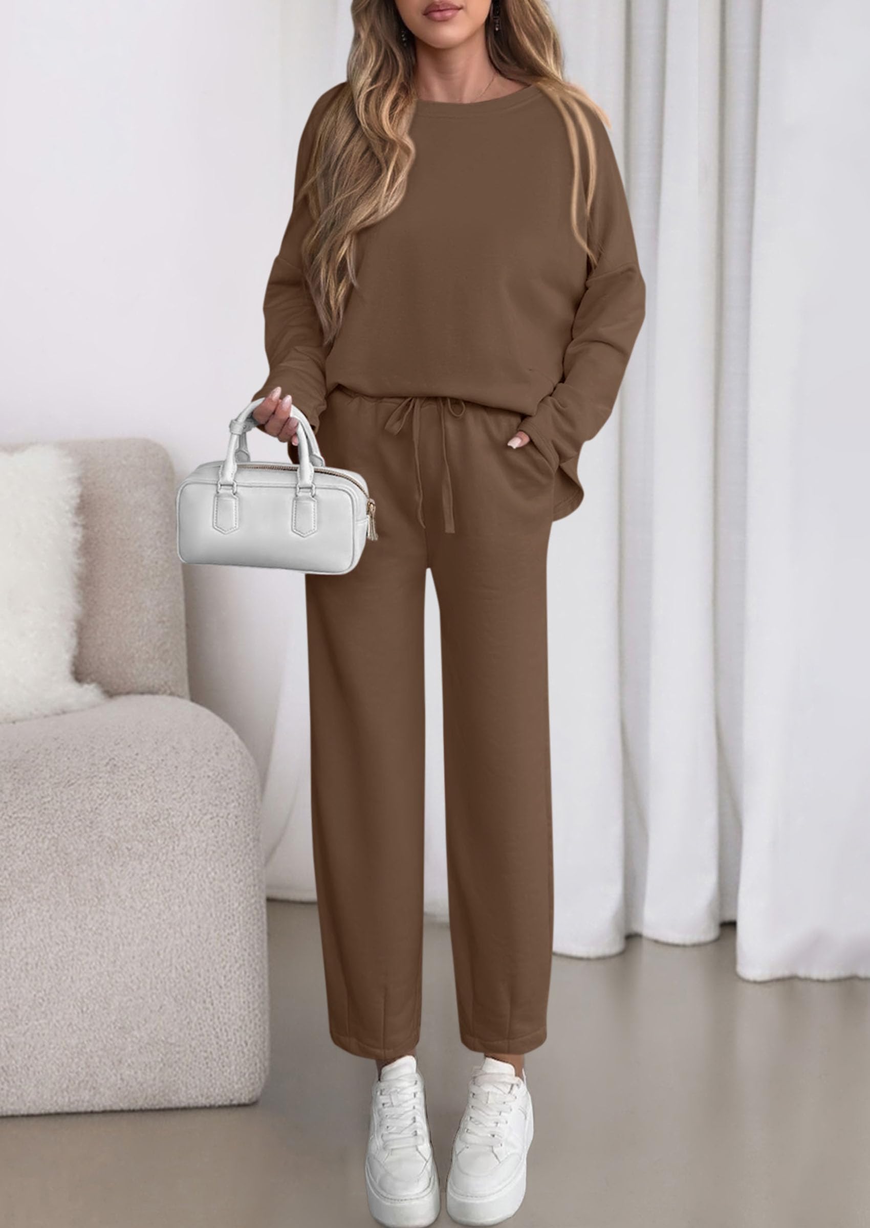Womens 2 Piece Matching Lounge Sets Fall Long Sleeve Boatneck Sweatsuit Drawstring Sweatpants Pockets
