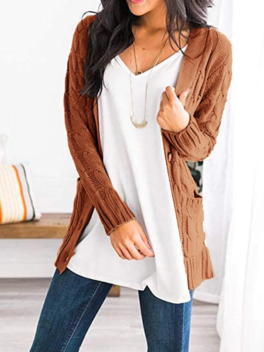Women's Open Front Cardigan Sweaters Fall Fashion Button Down Cable Knit Chunky Winter Outerwear Coats