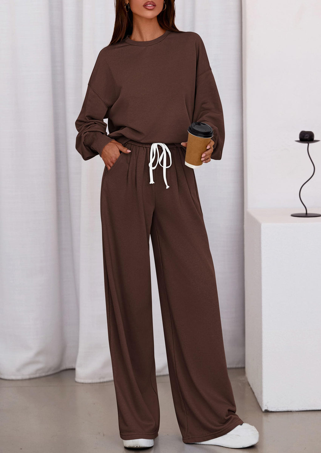 Womens 2 Piece Sets Long Sleeve Sweatshirt Wide Leg Pants Loose Matching Lounge Set Trendy Fall Outfits