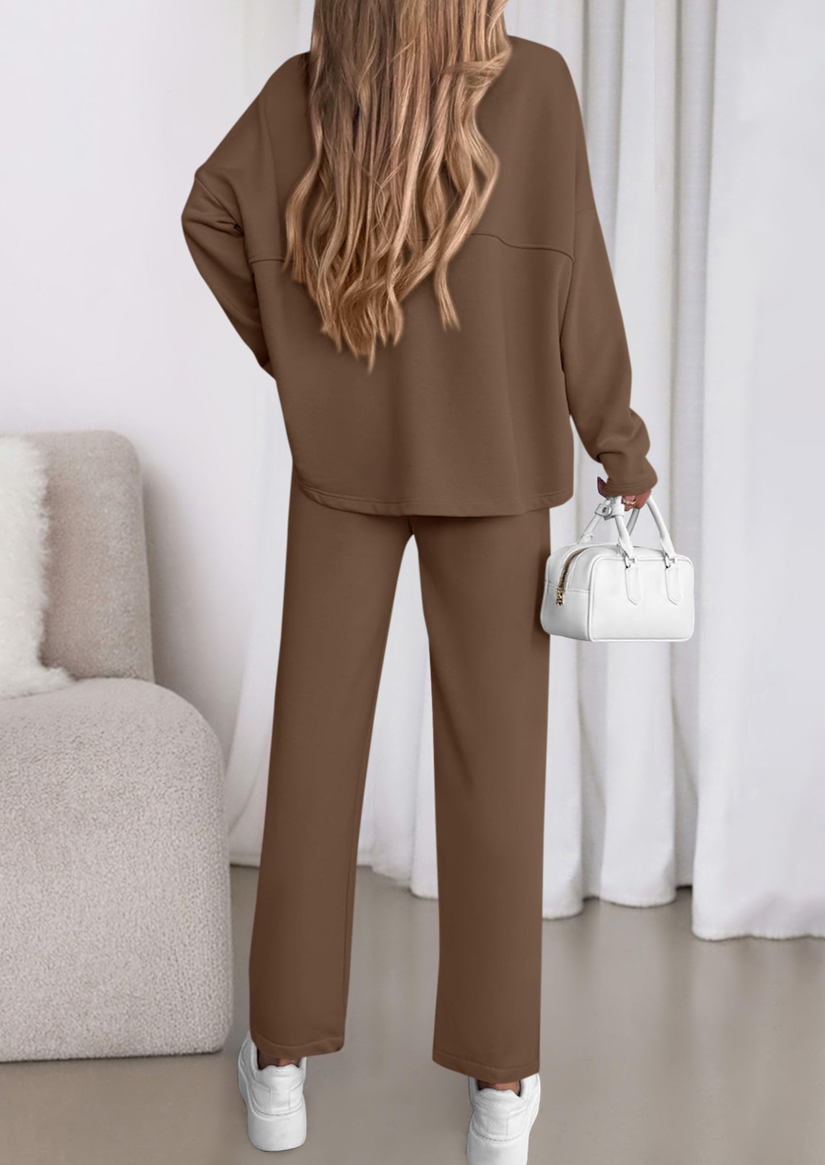 Womens 2 Piece Matching Lounge Sets Fall Long Sleeve Boatneck Sweatsuit Drawstring Sweatpants Pockets