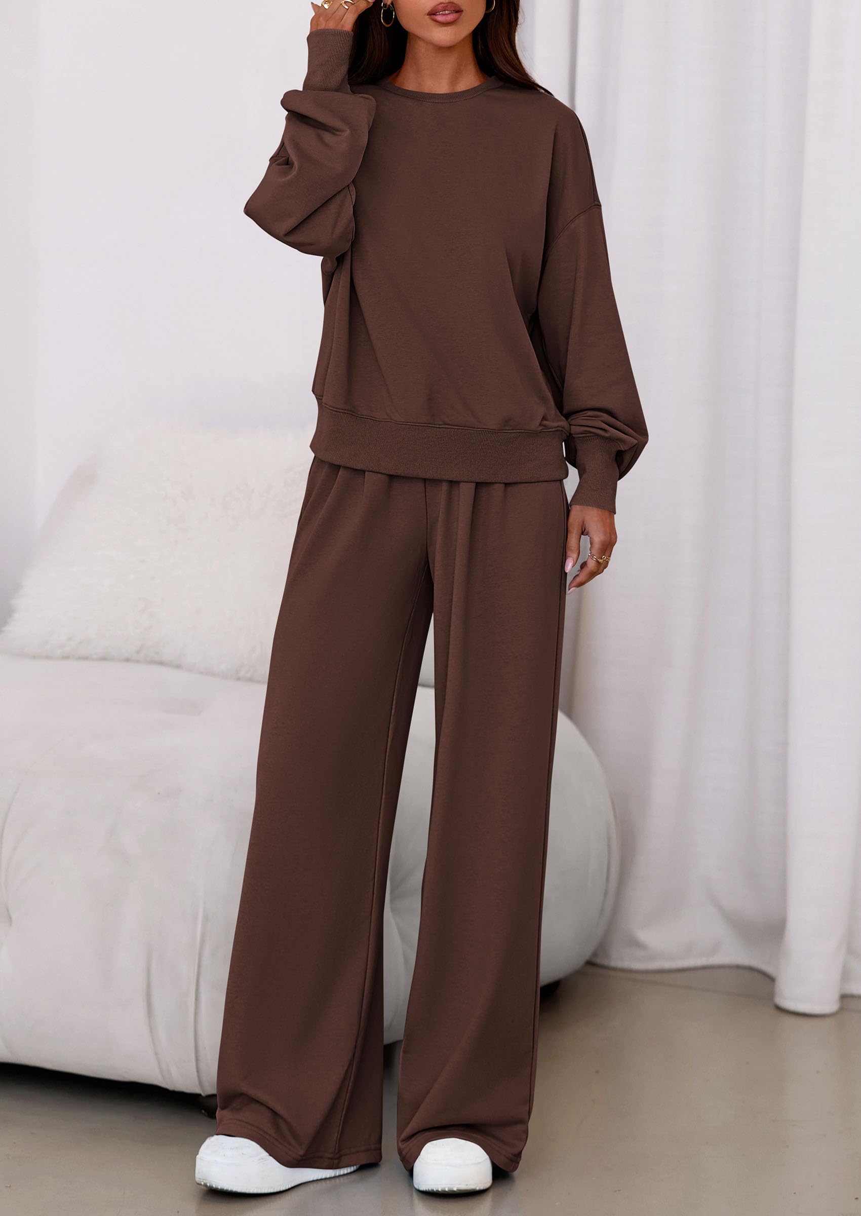 Womens 2 Piece Sets Long Sleeve Sweatshirt Wide Leg Pants Loose Matching Lounge Set Trendy Fall Outfits