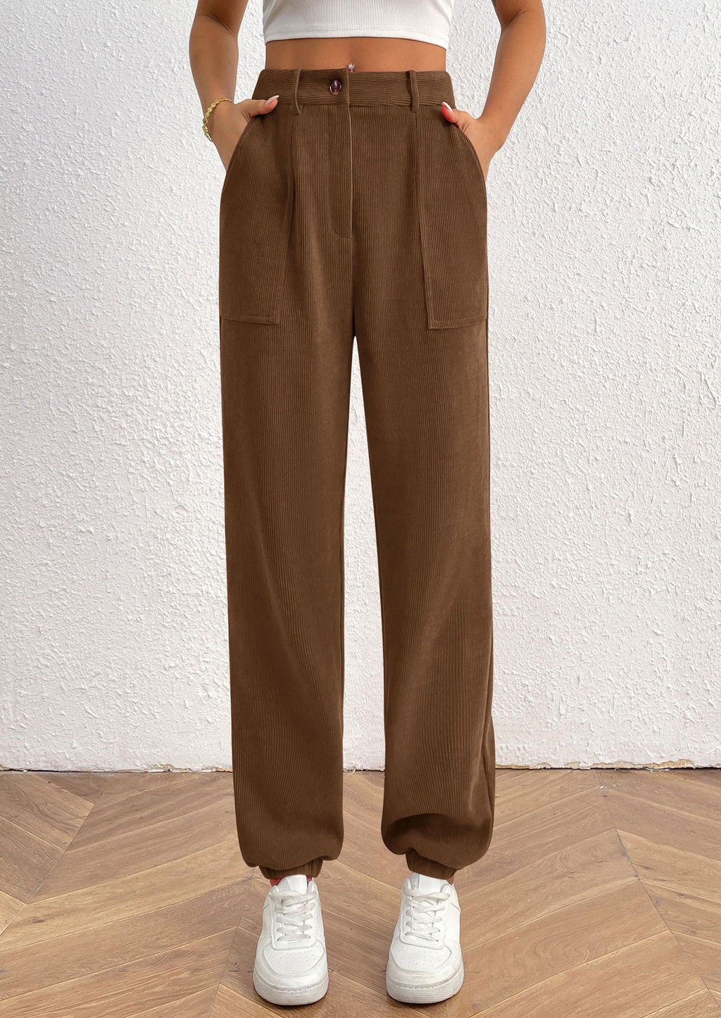 Women's Pants Dressy Casual Fall Elastic High Waisted Work Office Corduroy Trouser Slacks with Pockets