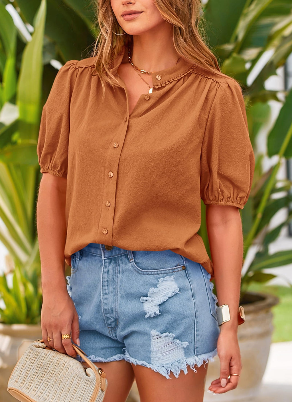 Women's Summer Tops Button Down Shirts Short Lantern Sleeve V Neck Cotton Cute Dressy Casual Blouses