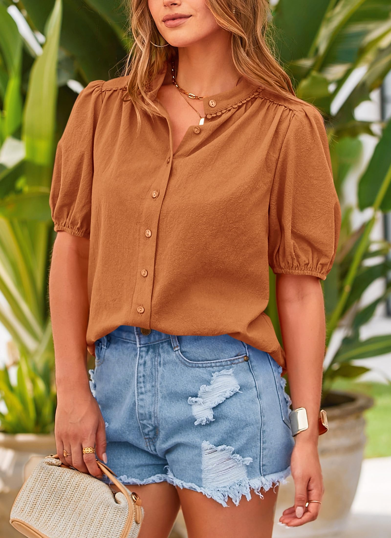 Women's Summer Tops Button Down Shirts Short Lantern Sleeve V Neck Cotton Cute Dressy Casual Blouses