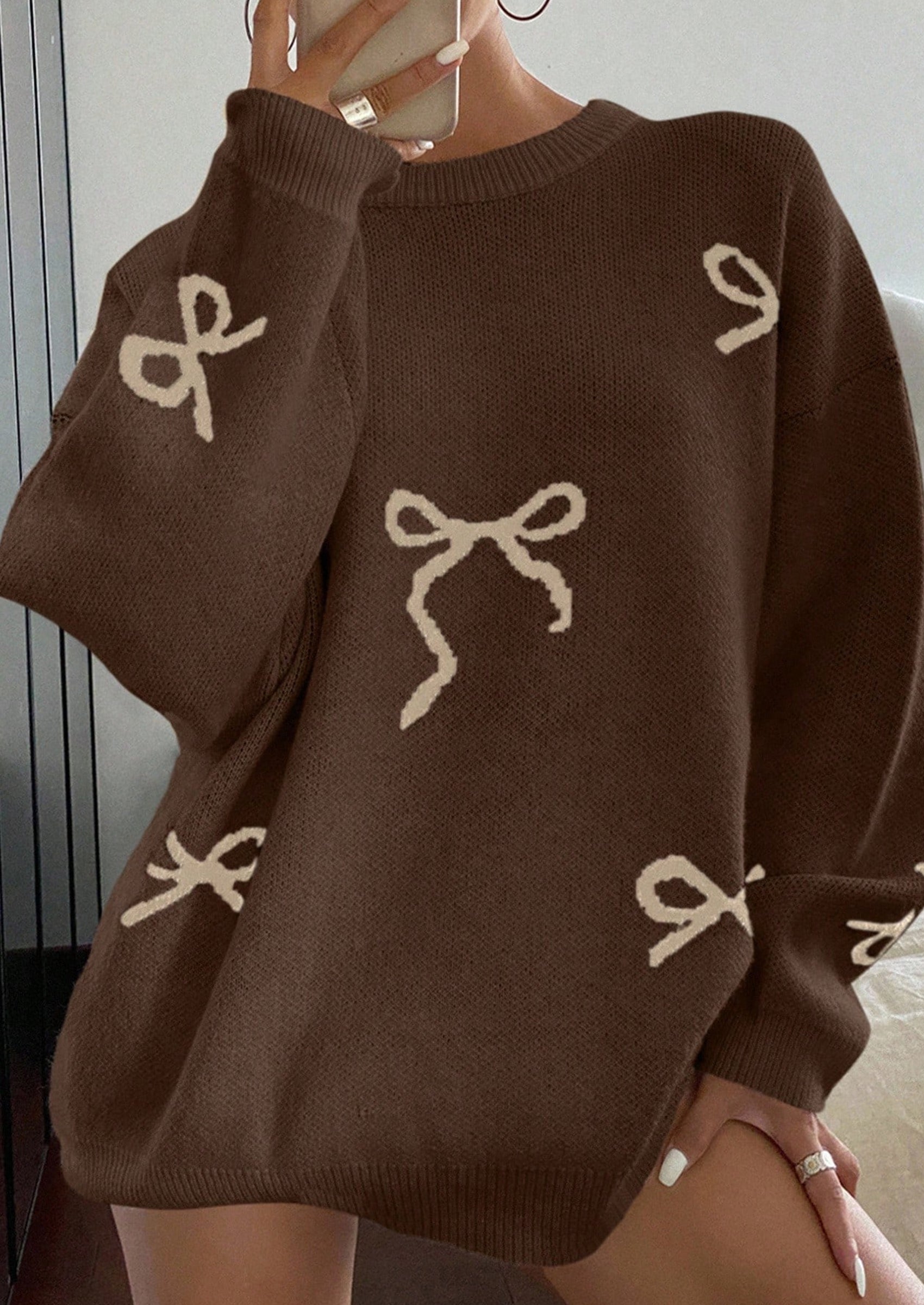 Fall Long Sleeve Pullover Sweaters for Women Trendy Crewneck Casual Cute Bow Chunky Knit Oversized Sweater