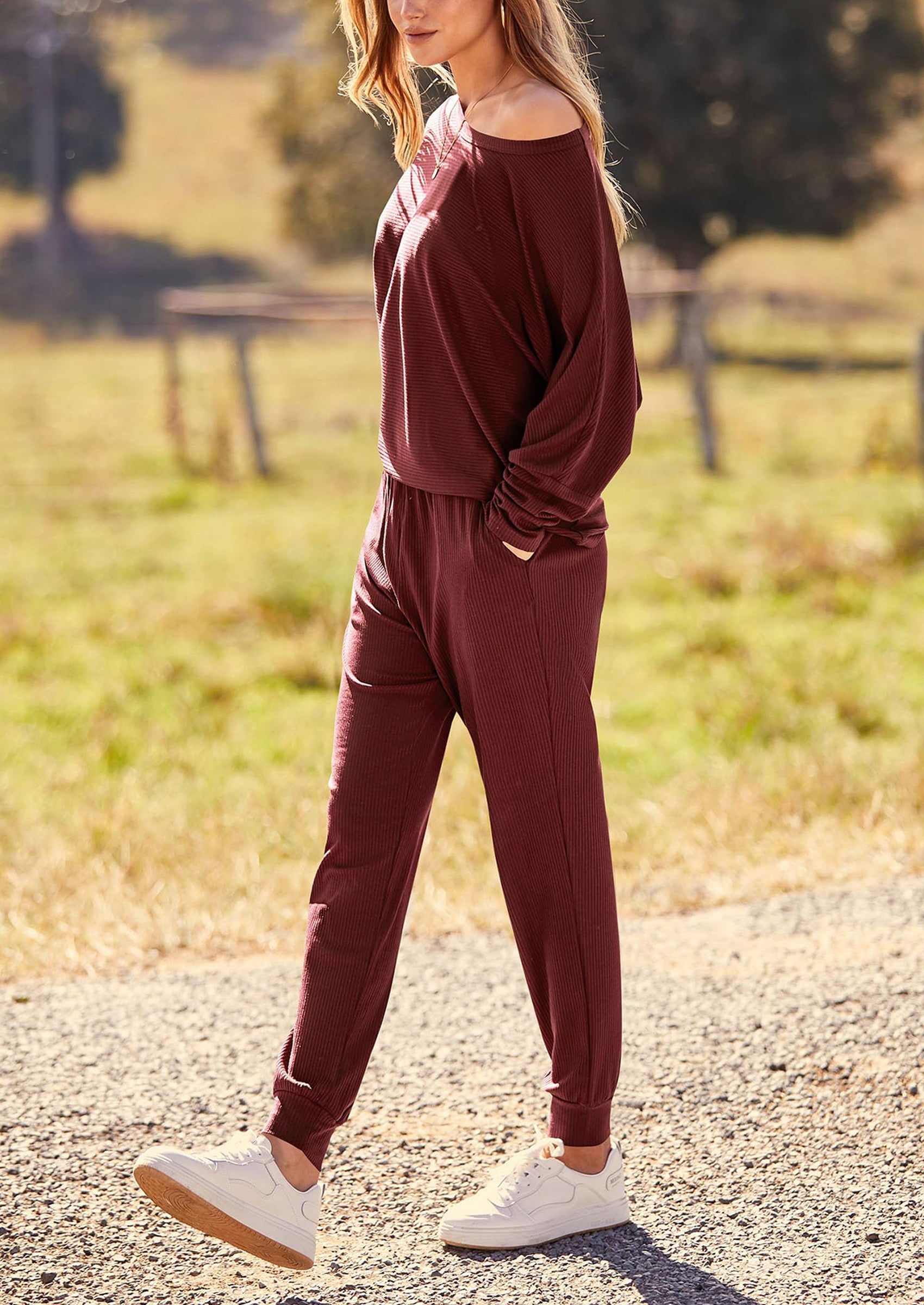 Women's Fall 2 Piece Lounge Set Long Sleeve Tops Ribbed Pants Spring Matching Sweatsuit Travel Outfits Clothes