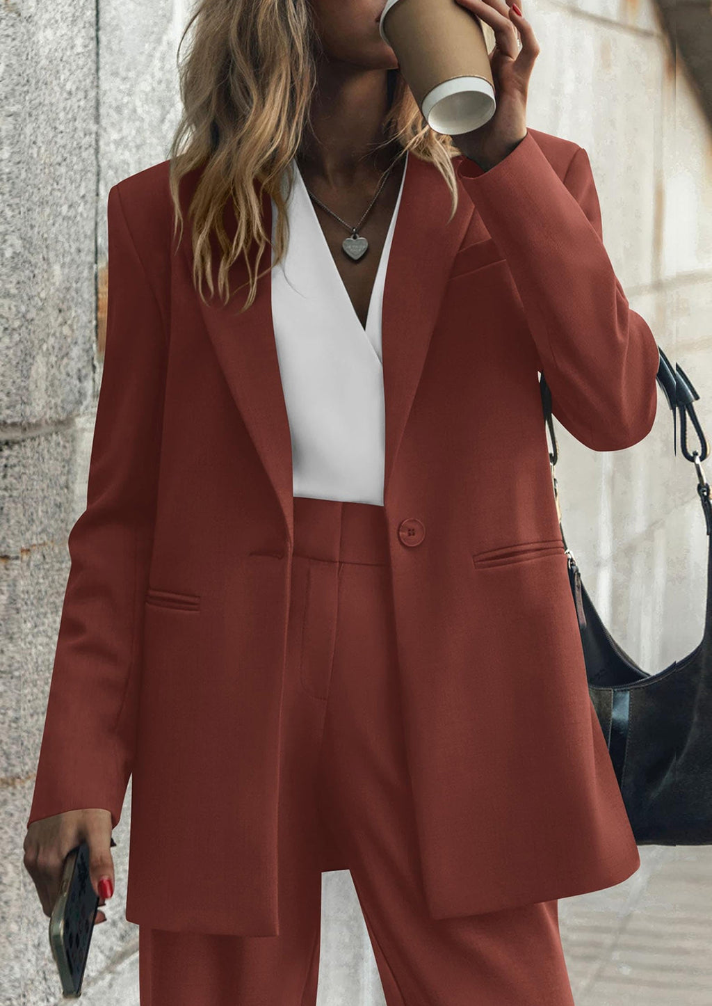 Women's Fall Two Piece Outfits Dressy Blazer Jacket and Wide Leg Pants Pockets Business Casual Office Suit Sets