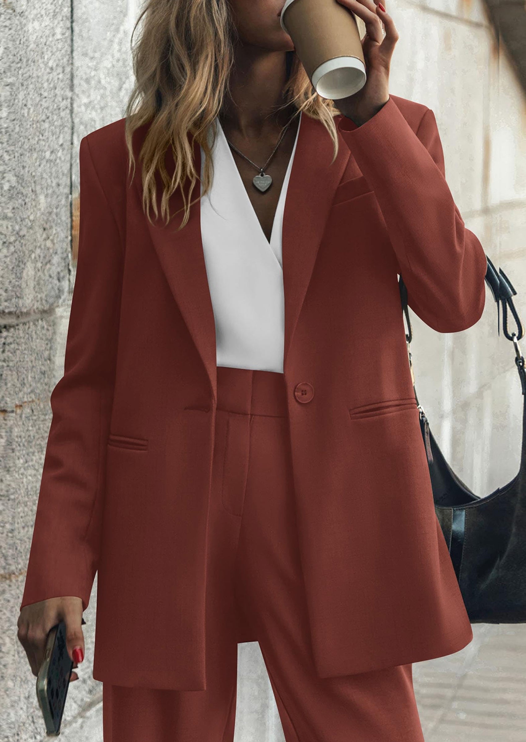 Women's Fall Two Piece Outfits Dressy Blazer Jacket and Wide Leg Pants Pockets Business Casual Office Suit Sets