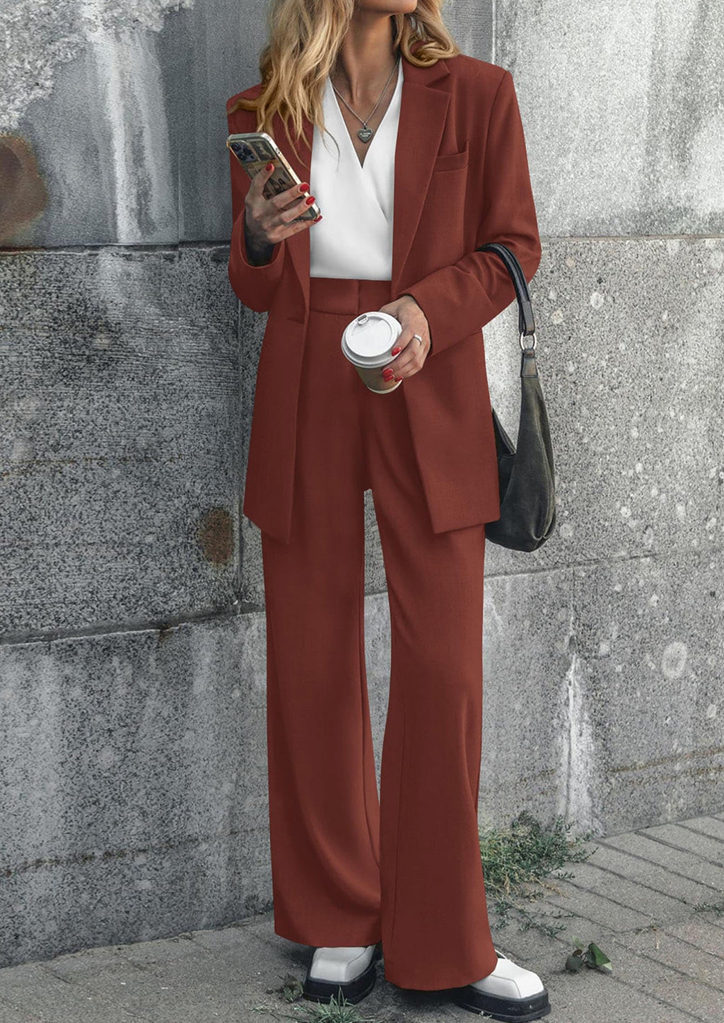 Women's Fall Two Piece Outfits Dressy Blazer Jacket and Wide Leg Pants Pockets Business Casual Office Suit Sets
