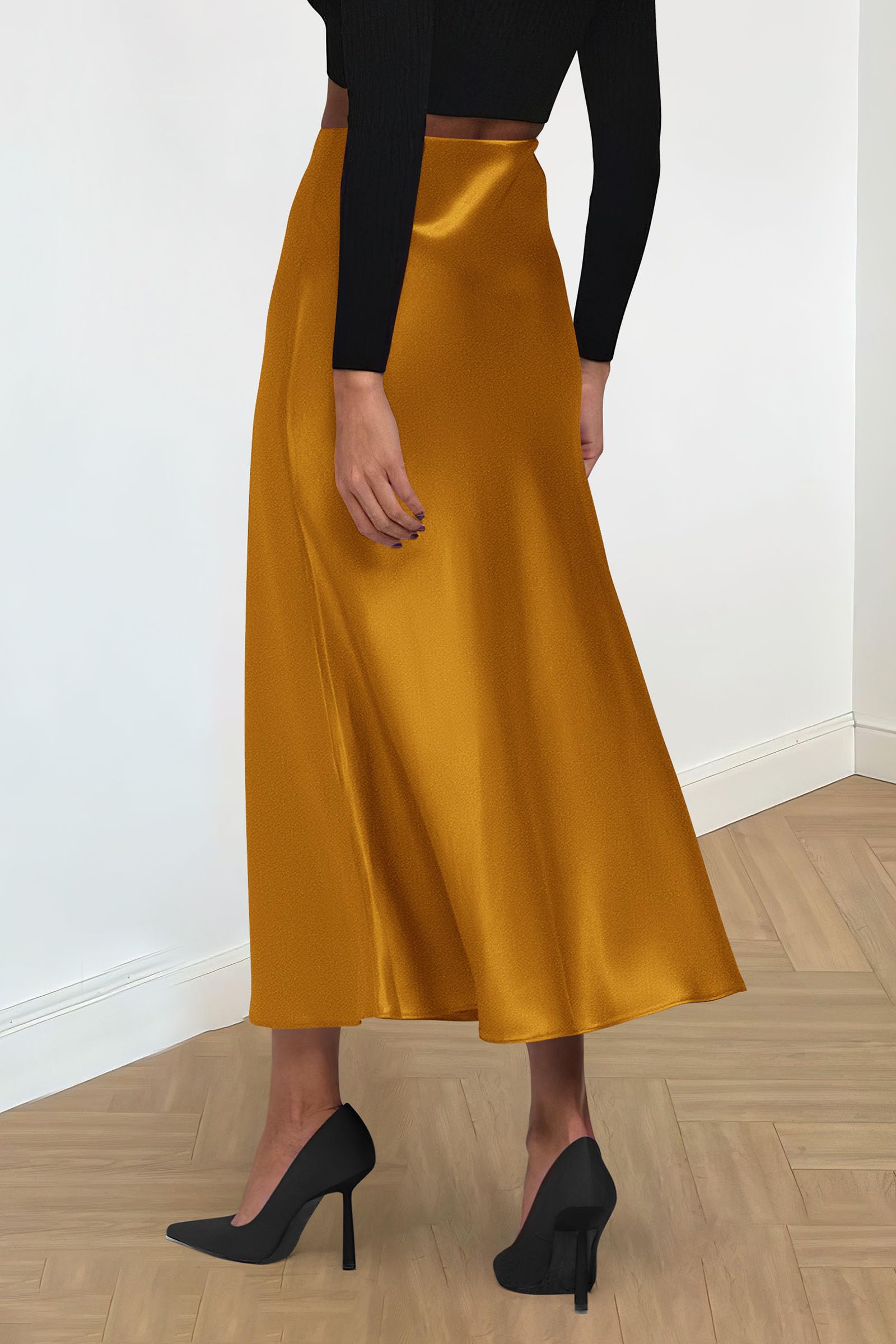 Women's Satin Skirts Dressy Casual Fall High Waisted Cocktail Wedding Flowy Elegant A Line Midi Skirt