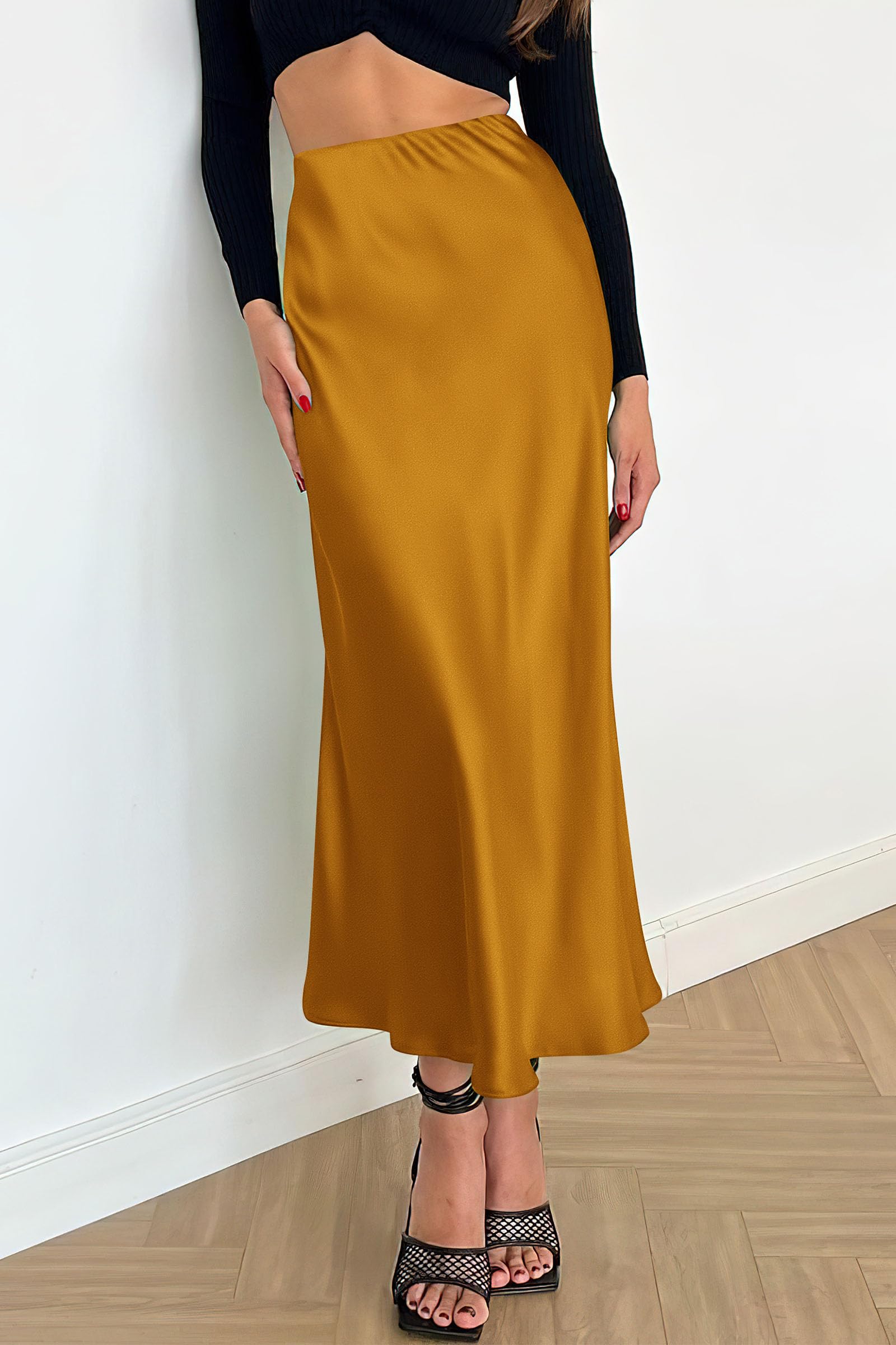 Women's Satin Skirts Dressy Casual Fall High Waisted Cocktail Wedding Flowy Elegant A Line Midi Skirt