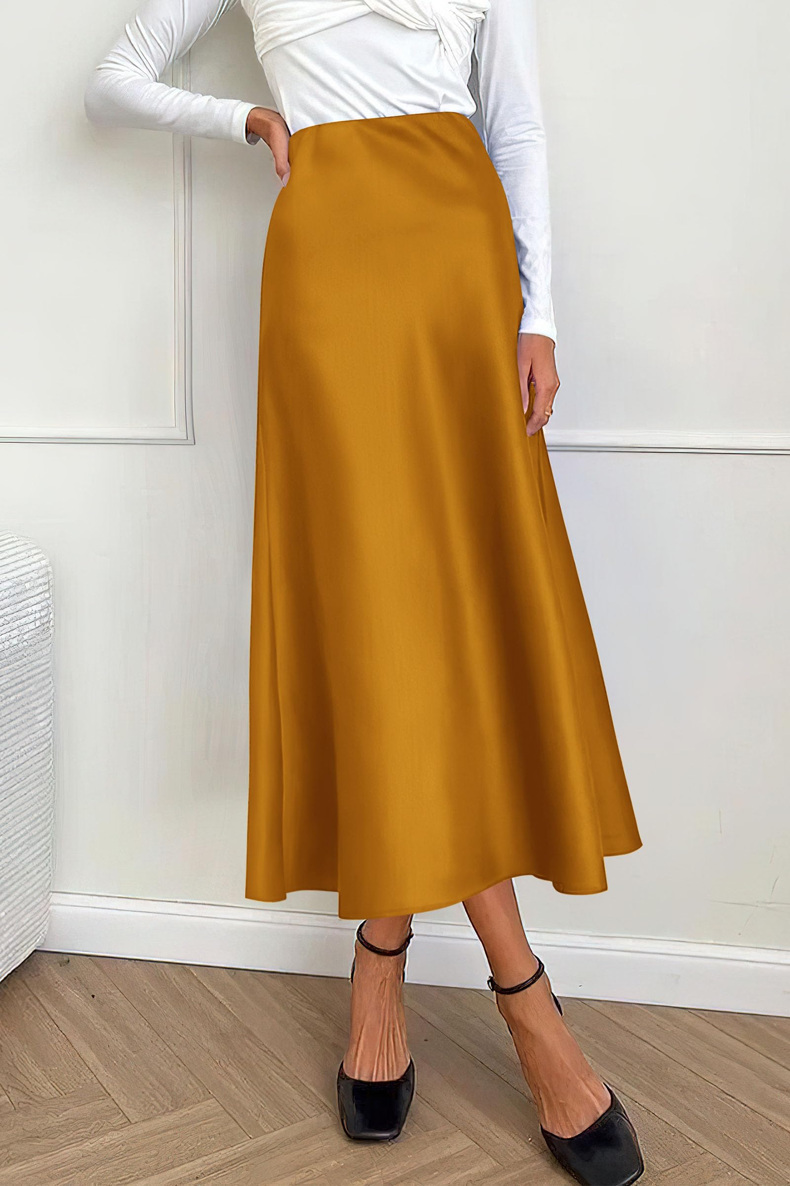 Women's Satin Skirts Dressy Casual Fall High Waisted Cocktail Wedding Flowy Elegant A Line Midi Skirt