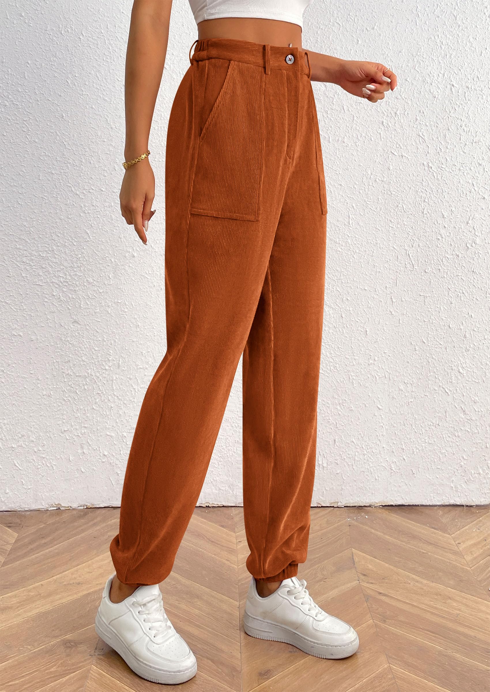Women's Pants Dressy Casual Fall Elastic High Waisted Work Office Corduroy Trouser Slacks with Pockets