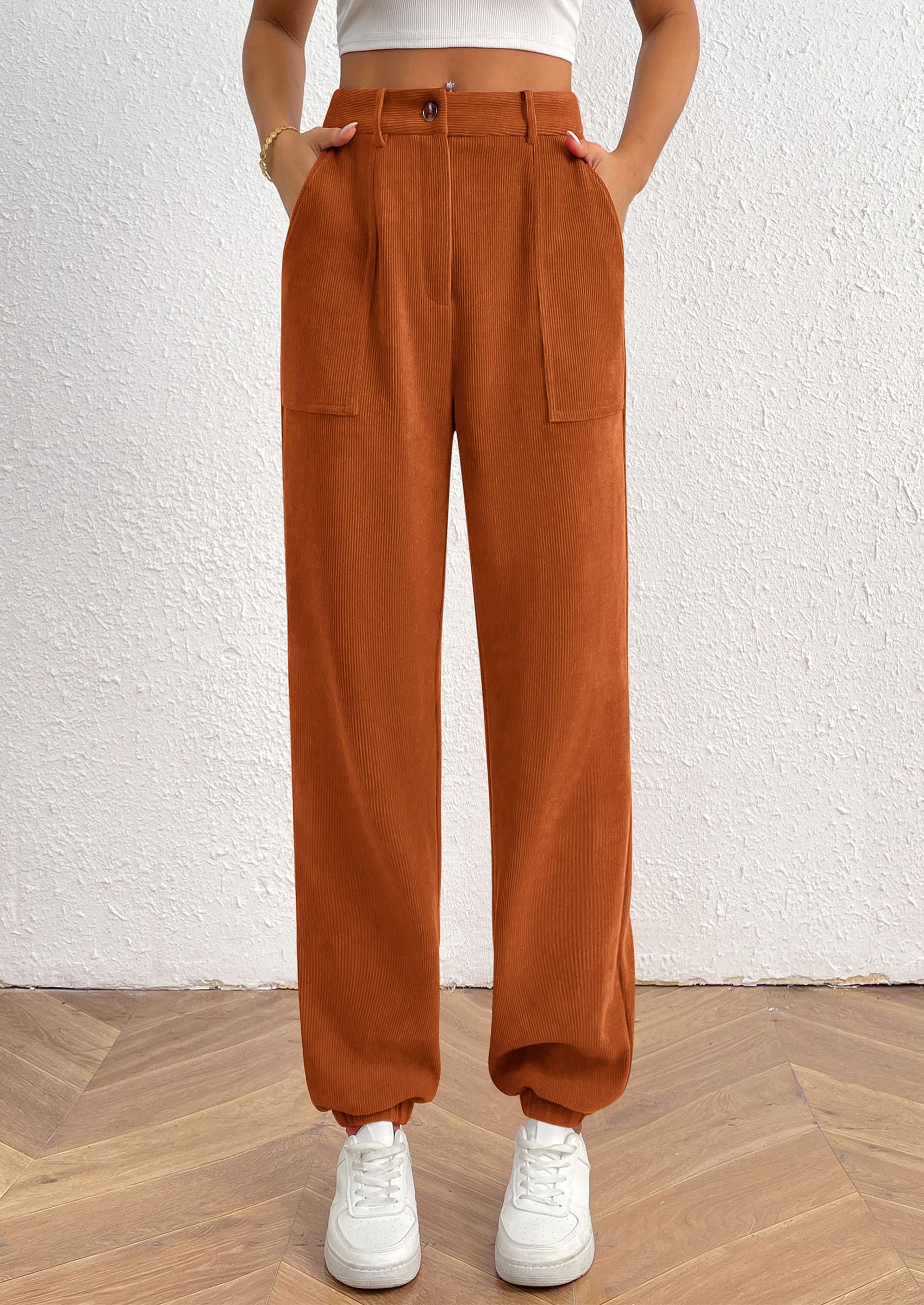 Women's Pants Dressy Casual Fall Elastic High Waisted Work Office Corduroy Trouser Slacks with Pockets