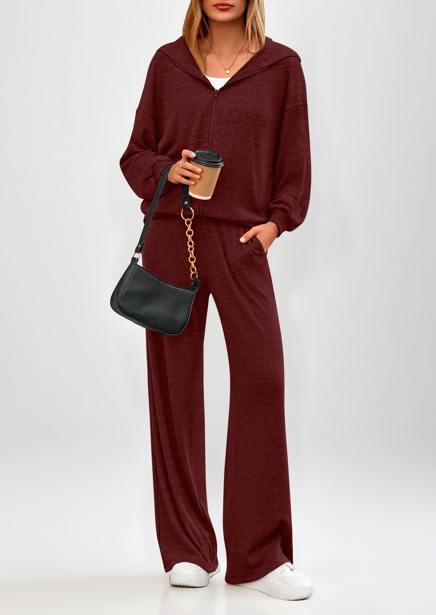 Women's 2 Piece Fall Lounge Sets Zip Up Hoodie Wide Leg Pants Tracksuit Matching Travel Outfits Clothes