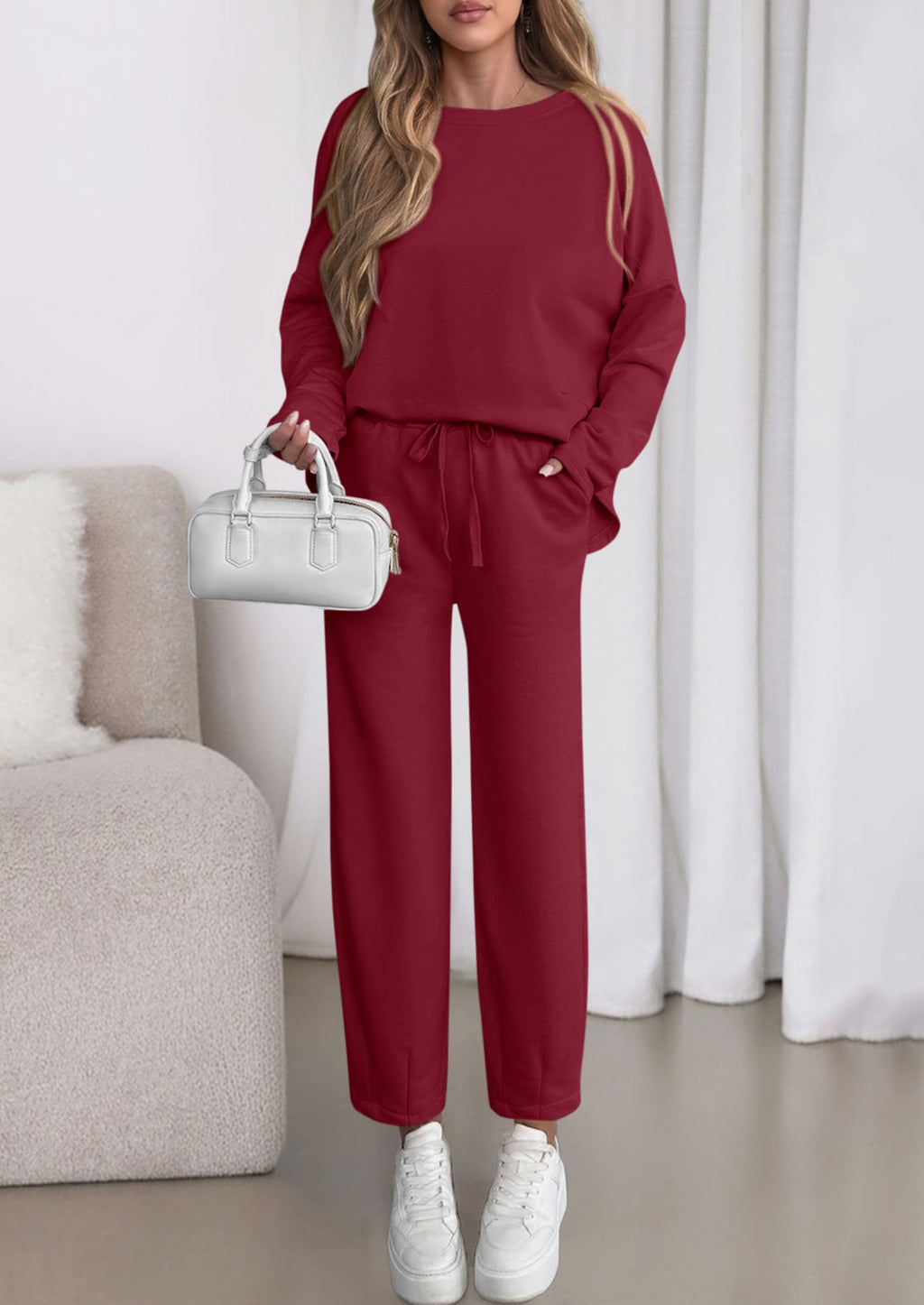 Womens 2 Piece Matching Lounge Sets Fall Long Sleeve Boatneck Sweatsuit Drawstring Sweatpants Pockets