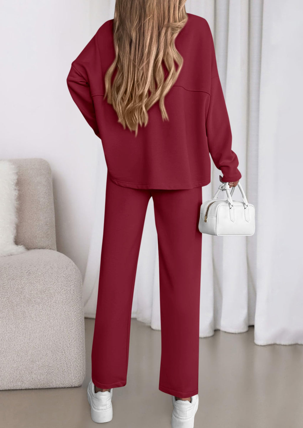 Womens 2 Piece Matching Lounge Sets Fall Long Sleeve Boatneck Sweatsuit Drawstring Sweatpants Pockets