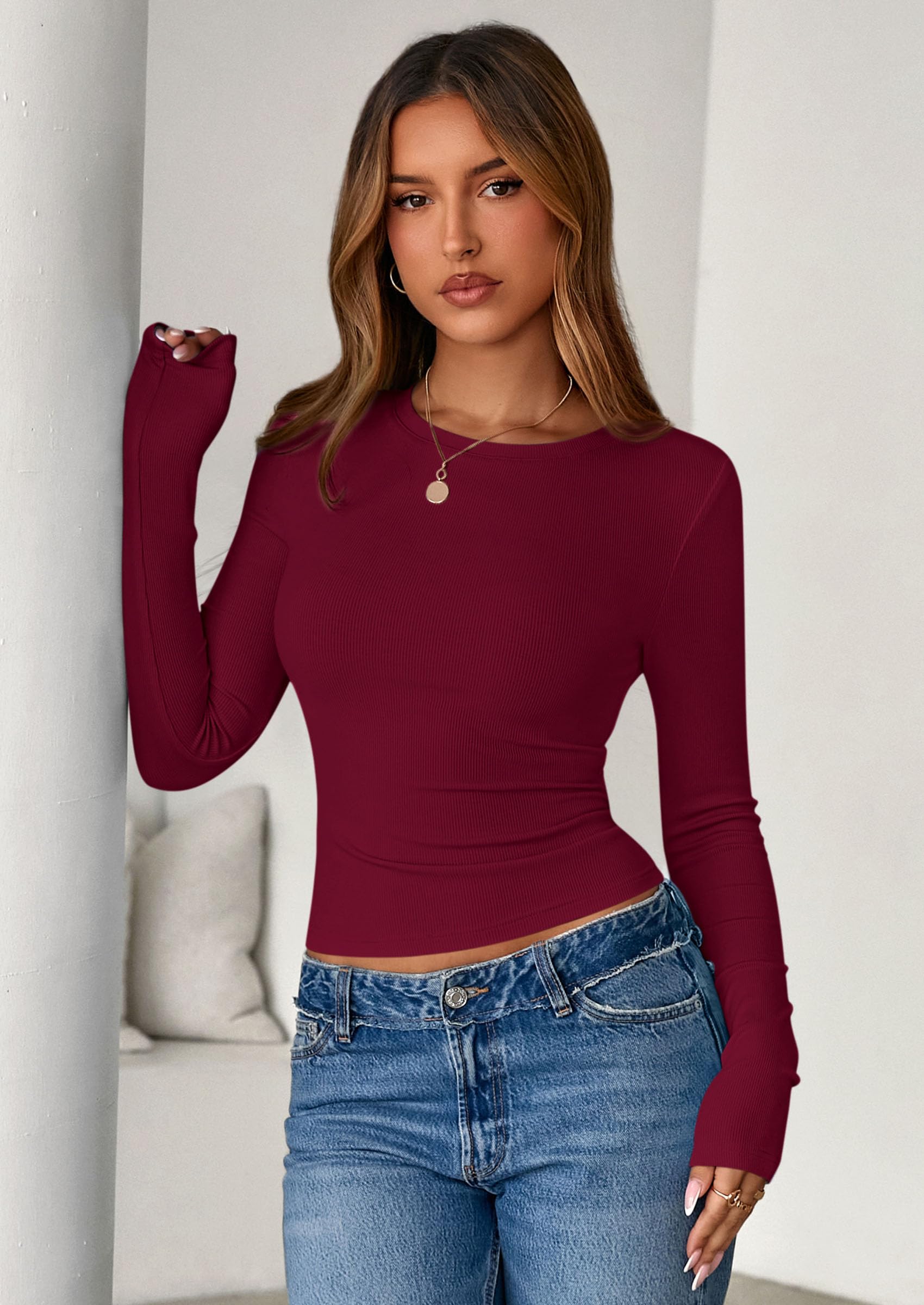 Womens Summer Fall Long Sleeve Shirts Ribbed Knit Fitted Basic Tee Going Out Tops Underscrub Casual Outfits
