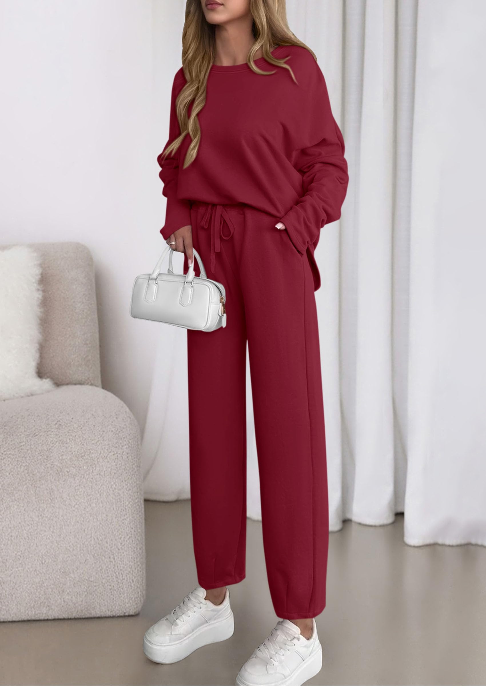 Womens 2 Piece Matching Lounge Sets Fall Long Sleeve Boatneck Sweatsuit Drawstring Sweatpants Pockets
