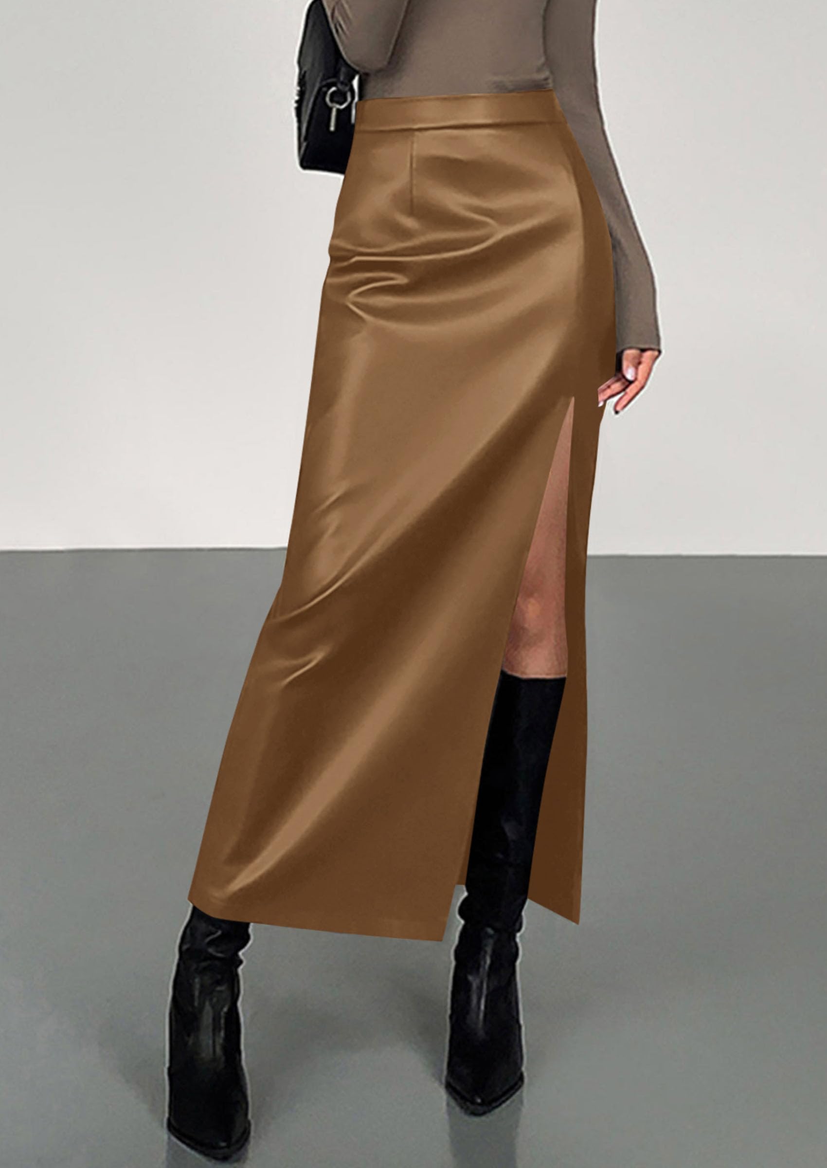 Womens Faux Leather Skirt Fall Bodycon High Waisted Slit Dressy Casual Winter Maxi Long Pencil Skirts