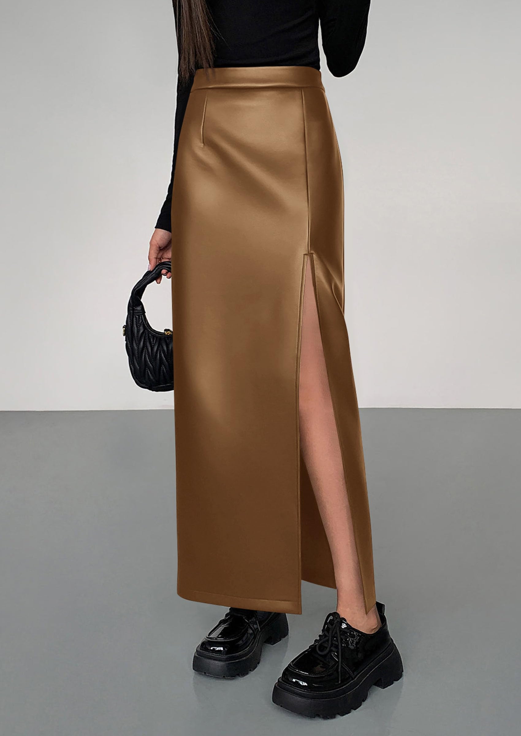 Womens Faux Leather Skirt Fall Bodycon High Waisted Slit Dressy Casual Winter Maxi Long Pencil Skirts
