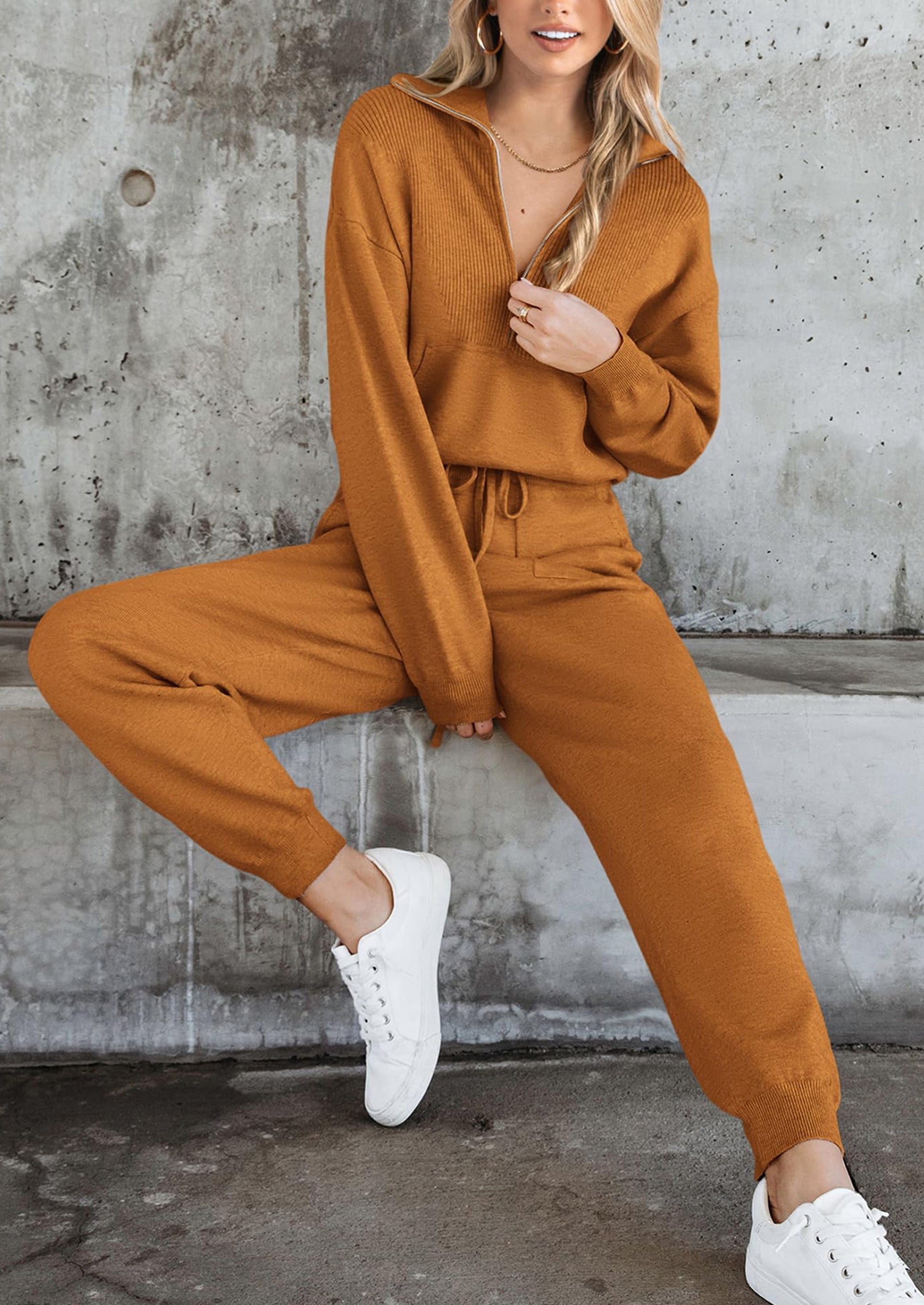 Women's 2 Piece Sweater Set Pullover Zip Up Sweatshirt Jogger Sweatpants Tracksuit Casual Outfit