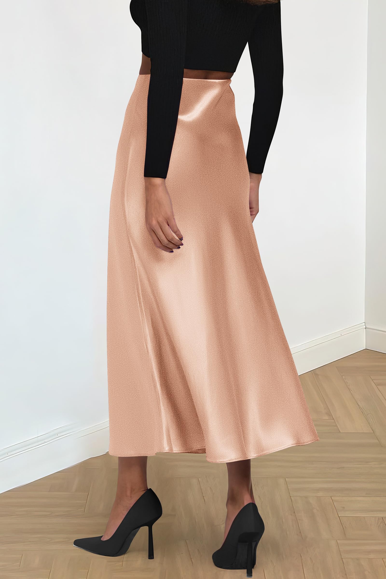 Women's Satin Skirts Dressy Casual Fall High Waisted Cocktail Wedding Flowy Elegant A Line Midi Skirt