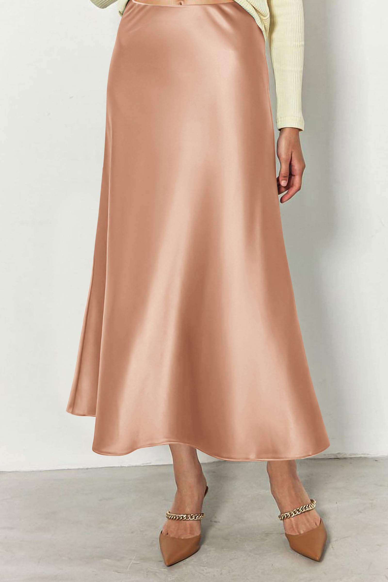 Women's Satin Skirts Dressy Casual Fall High Waisted Cocktail Wedding Flowy Elegant A Line Midi Skirt