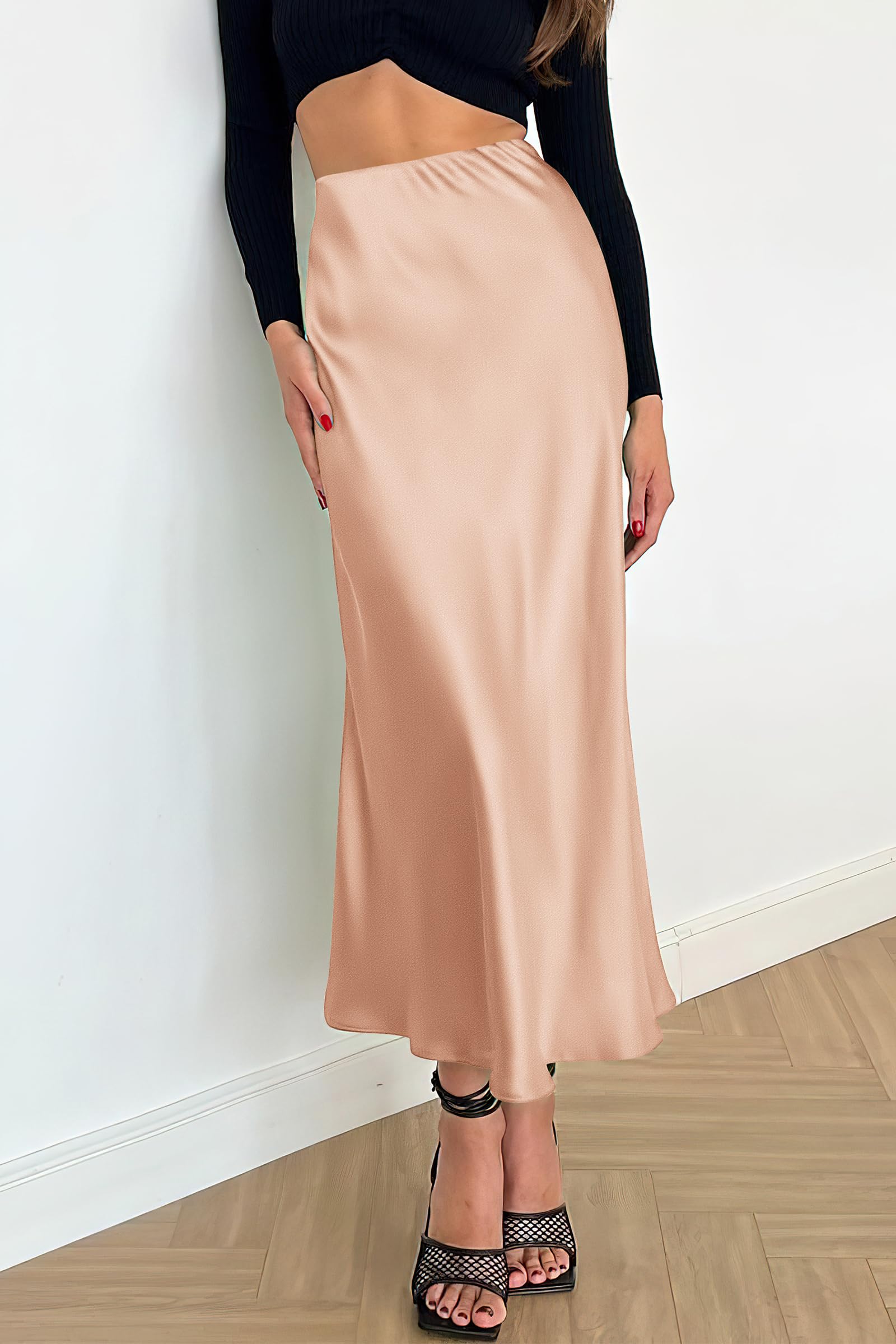 Women's Satin Skirts Dressy Casual Fall High Waisted Cocktail Wedding Flowy Elegant A Line Midi Skirt