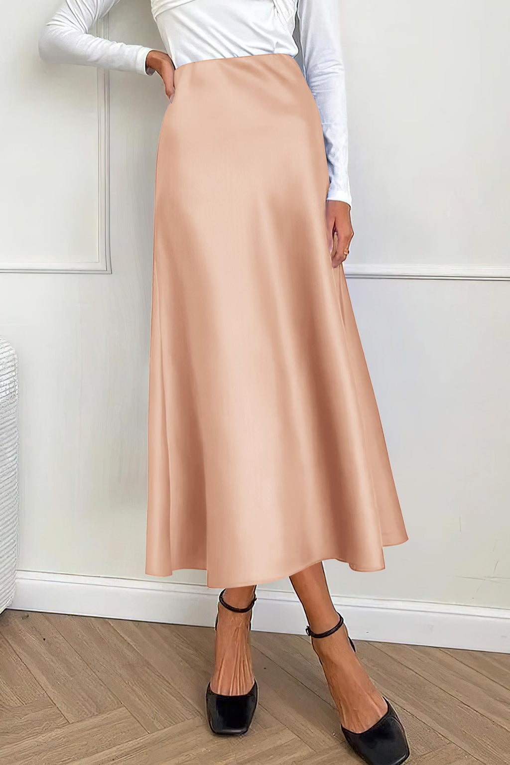 Women's Satin Skirts Dressy Casual Fall High Waisted Cocktail Wedding Flowy Elegant A Line Midi Skirt