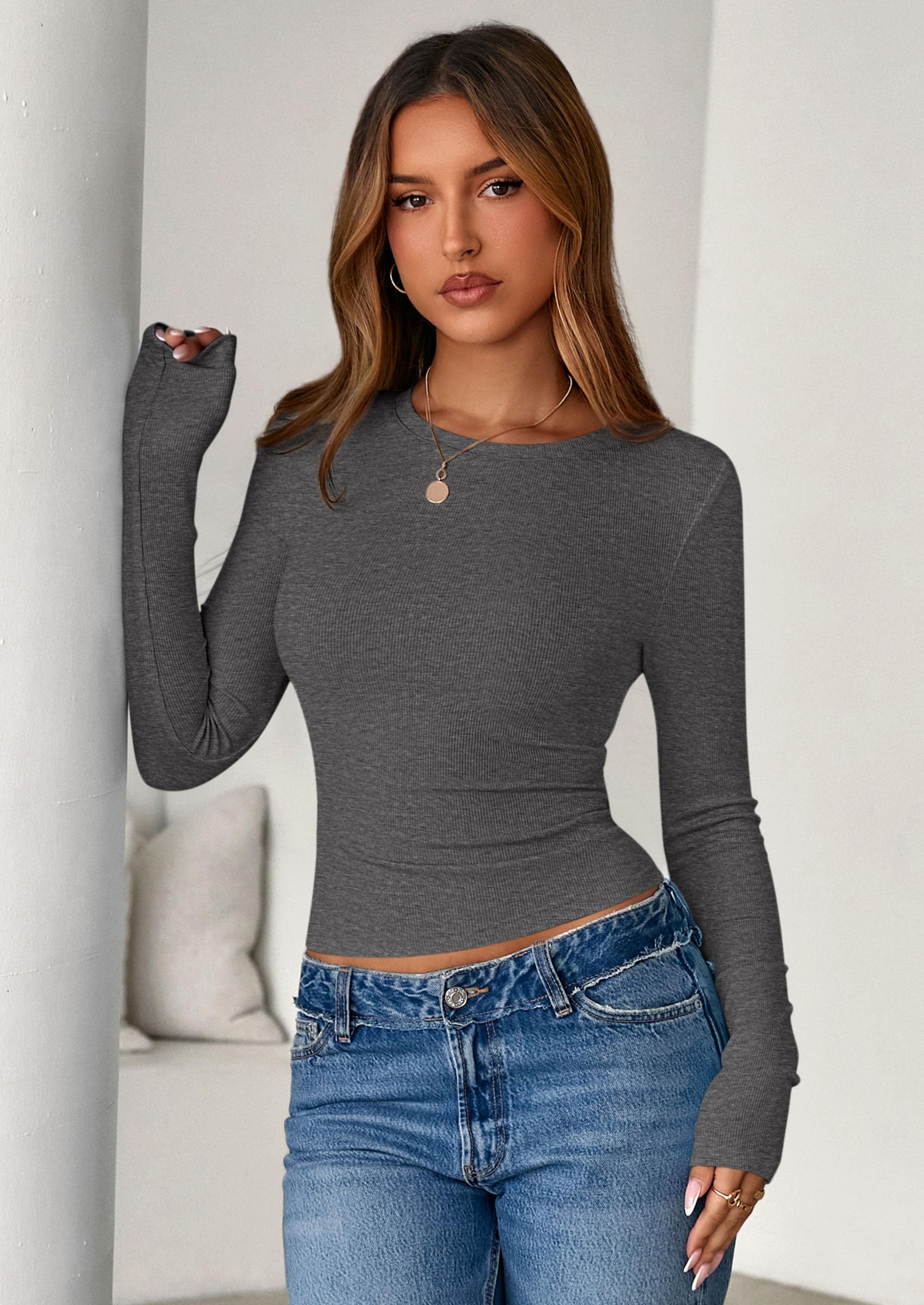 Womens Summer Fall Long Sleeve Shirts Ribbed Knit Fitted Basic Tee Going Out Tops Underscrub Casual Outfits