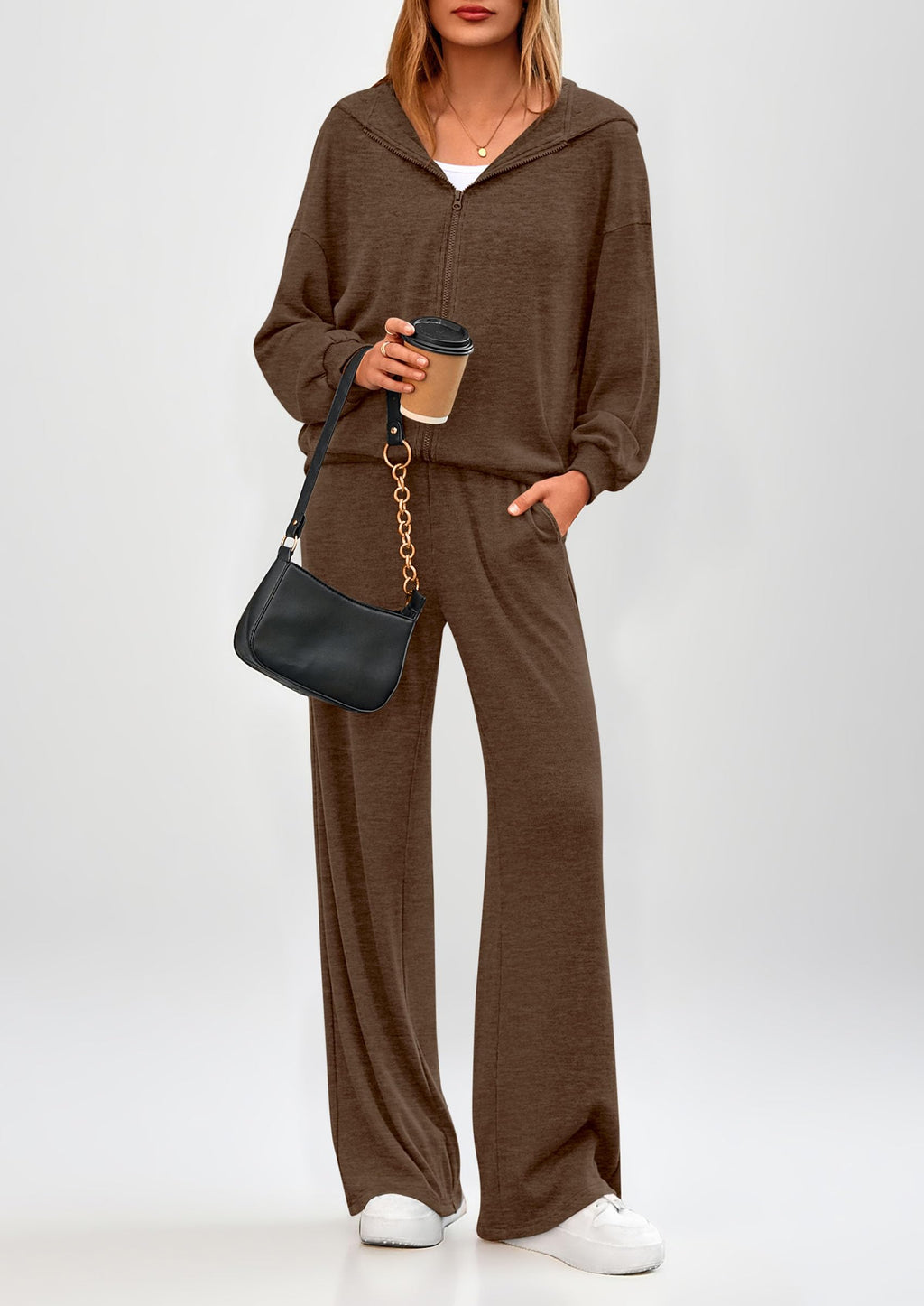 Women's 2 Piece Fall Lounge Sets Zip Up Hoodie Wide Leg Pants Tracksuit Matching Travel Outfits Clothes