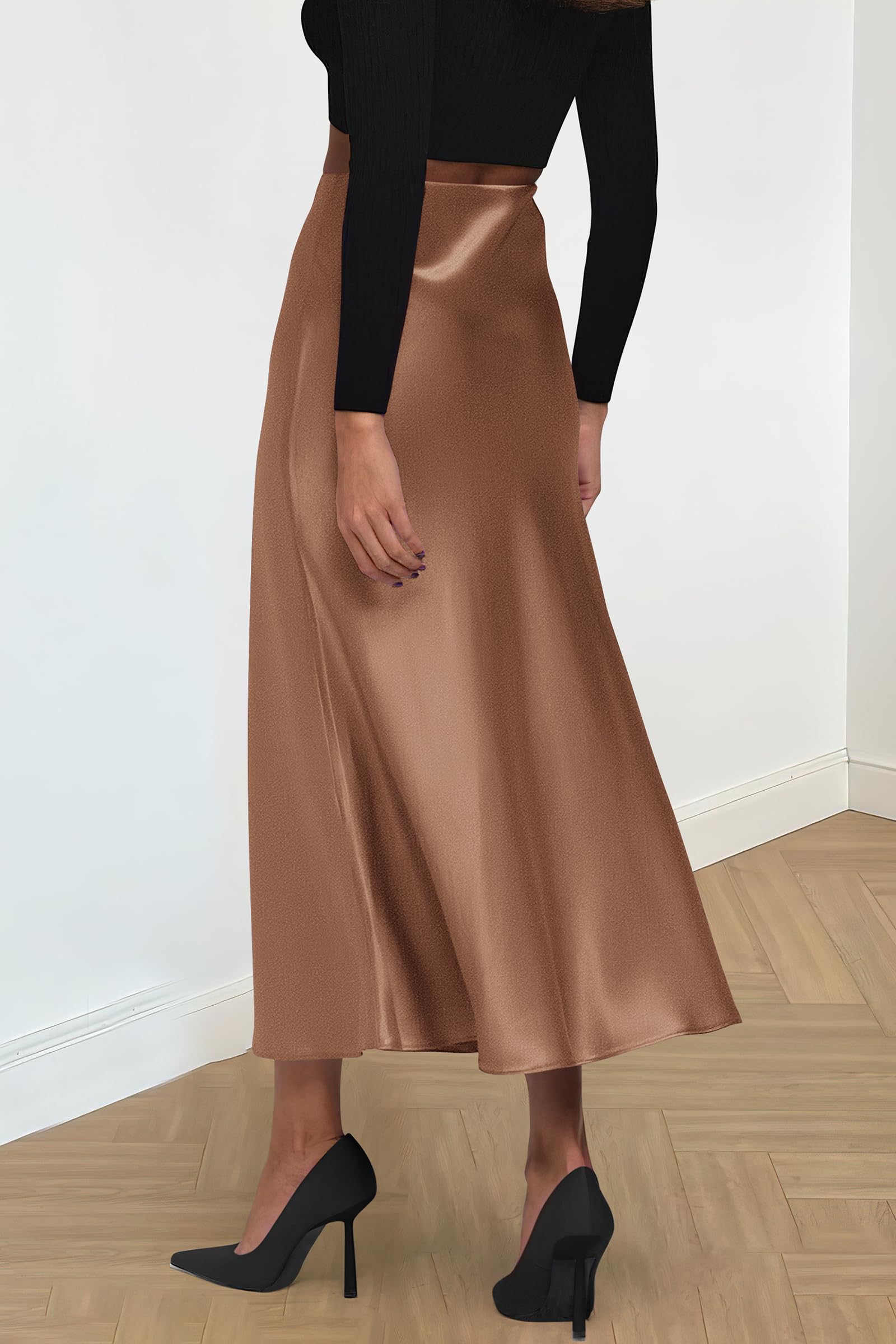 Women's Satin Skirts Dressy Casual Fall High Waisted Cocktail Wedding Flowy Elegant A Line Midi Skirt