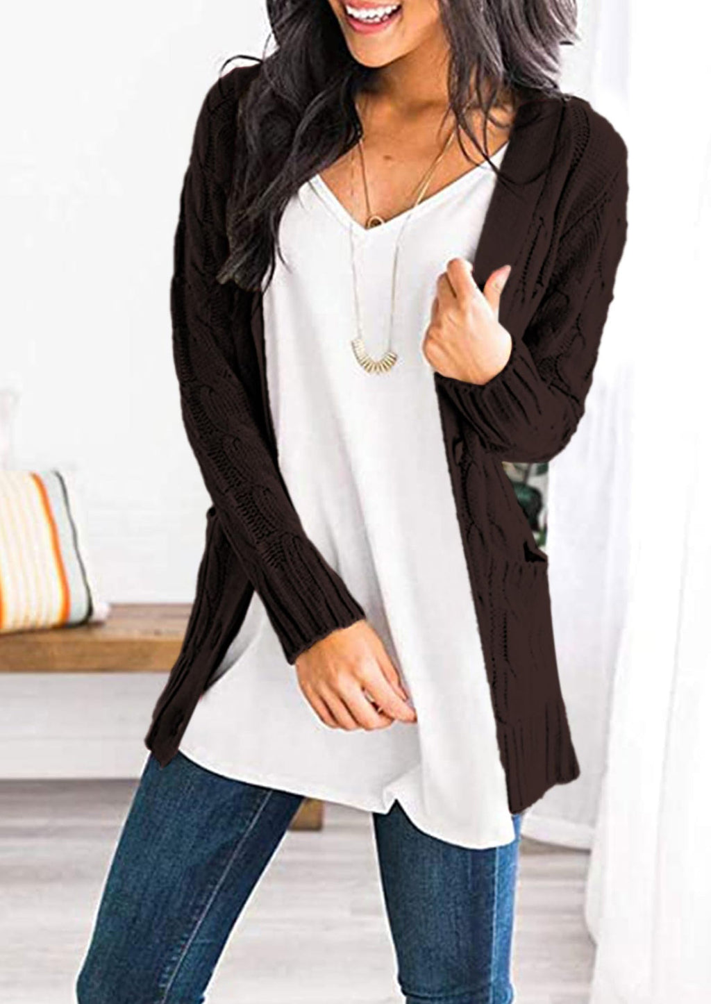 Women's Open Front Cardigan Sweaters Fall Fashion Button Down Cable Knit Chunky Winter Outerwear Coats