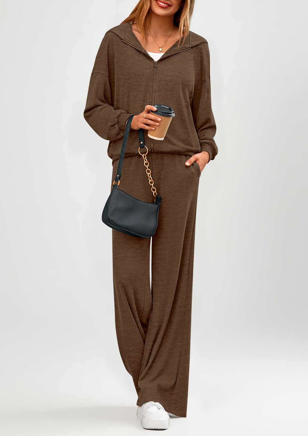 Women's 2 Piece Fall Lounge Sets Zip Up Hoodie Wide Leg Pants Tracksuit Matching Travel Outfits Clothes