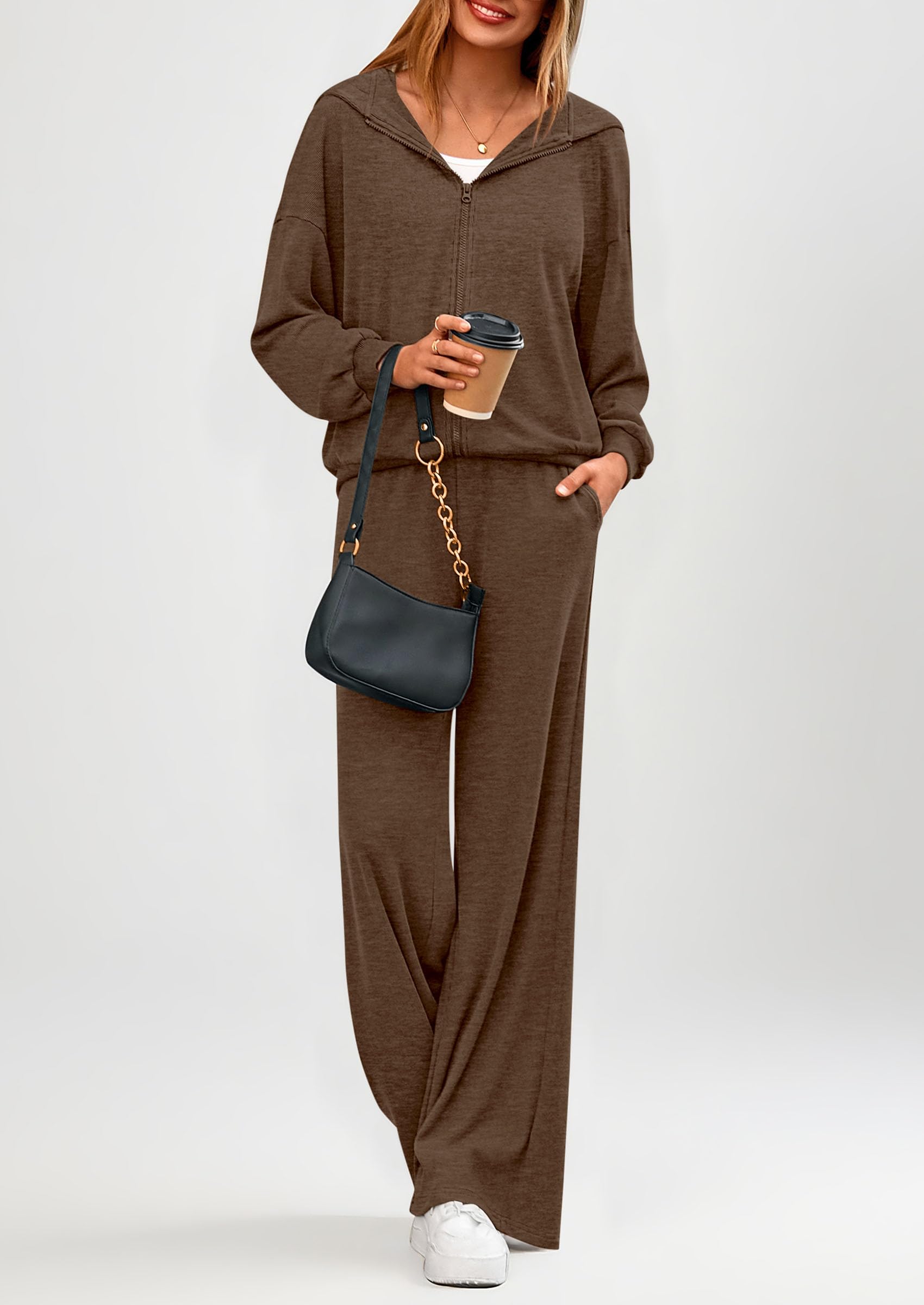 Women's 2 Piece Fall Lounge Sets Zip Up Hoodie Wide Leg Pants Tracksuit Matching Travel Outfits Clothes
