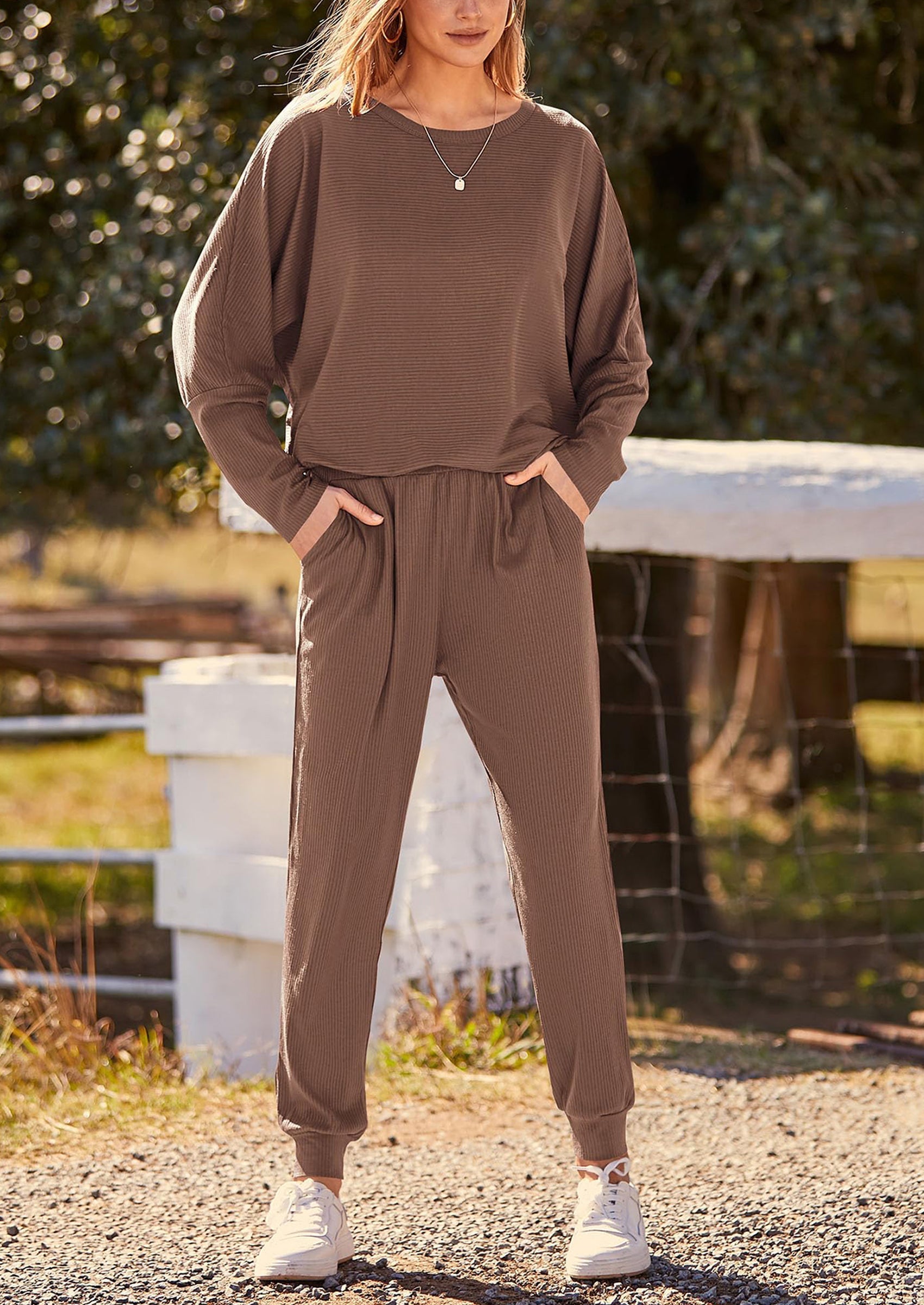 Women's Fall 2 Piece Lounge Set Long Sleeve Tops Ribbed Pants Spring Matching Sweatsuit Travel Outfits Clothes