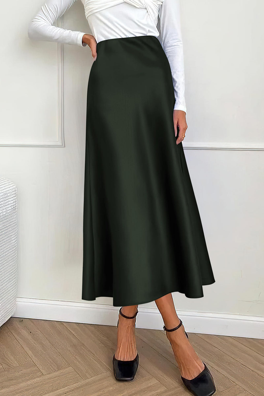Women's Satin Skirts Dressy Casual Fall High Waisted Cocktail Wedding Flowy Elegant A Line Midi Skirt