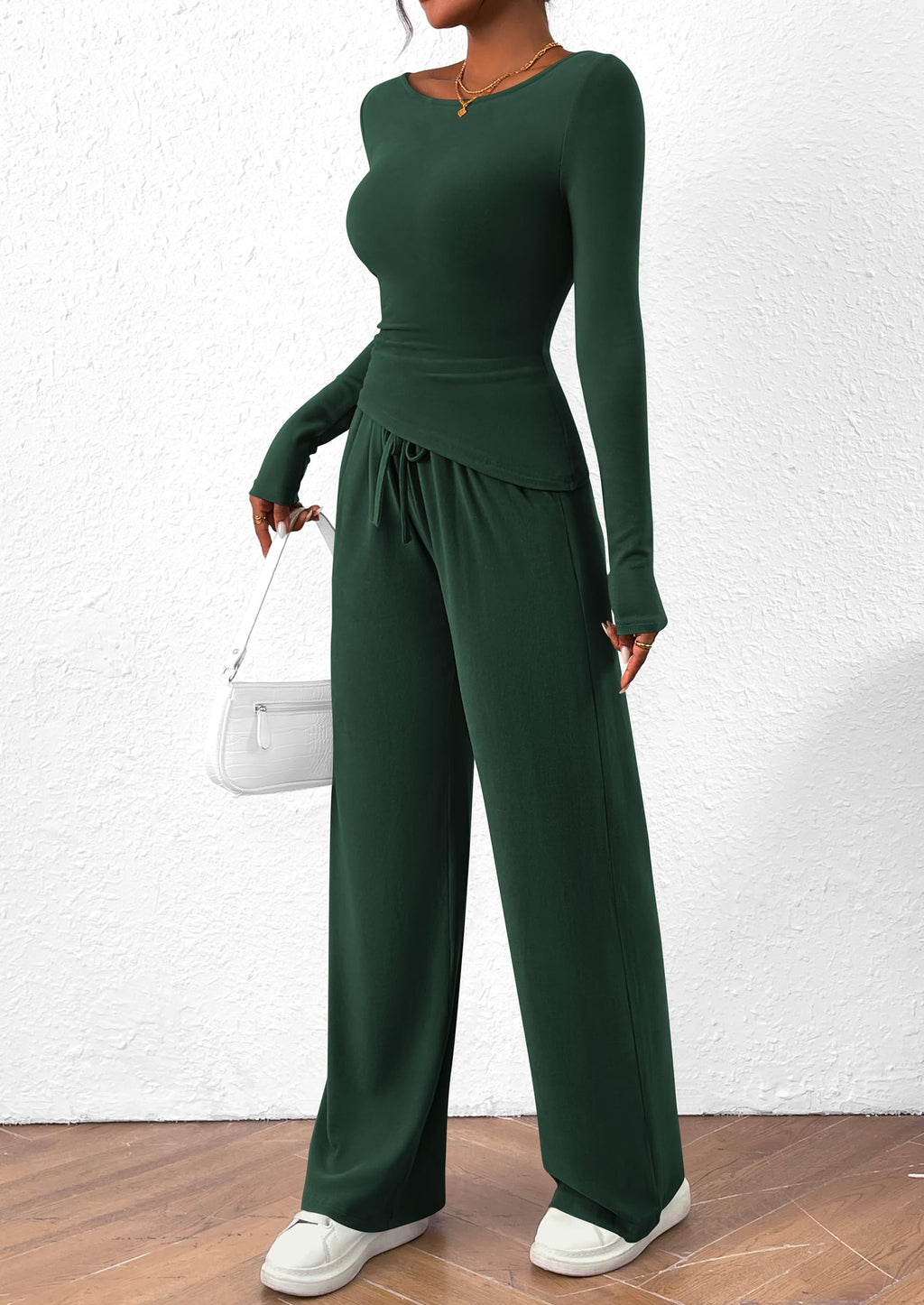 Women's 2 Piece Lounge Sets Asymmetrical Long Sleeve T Shirt Wide Leg Pants Casual Outfits Tracksuit