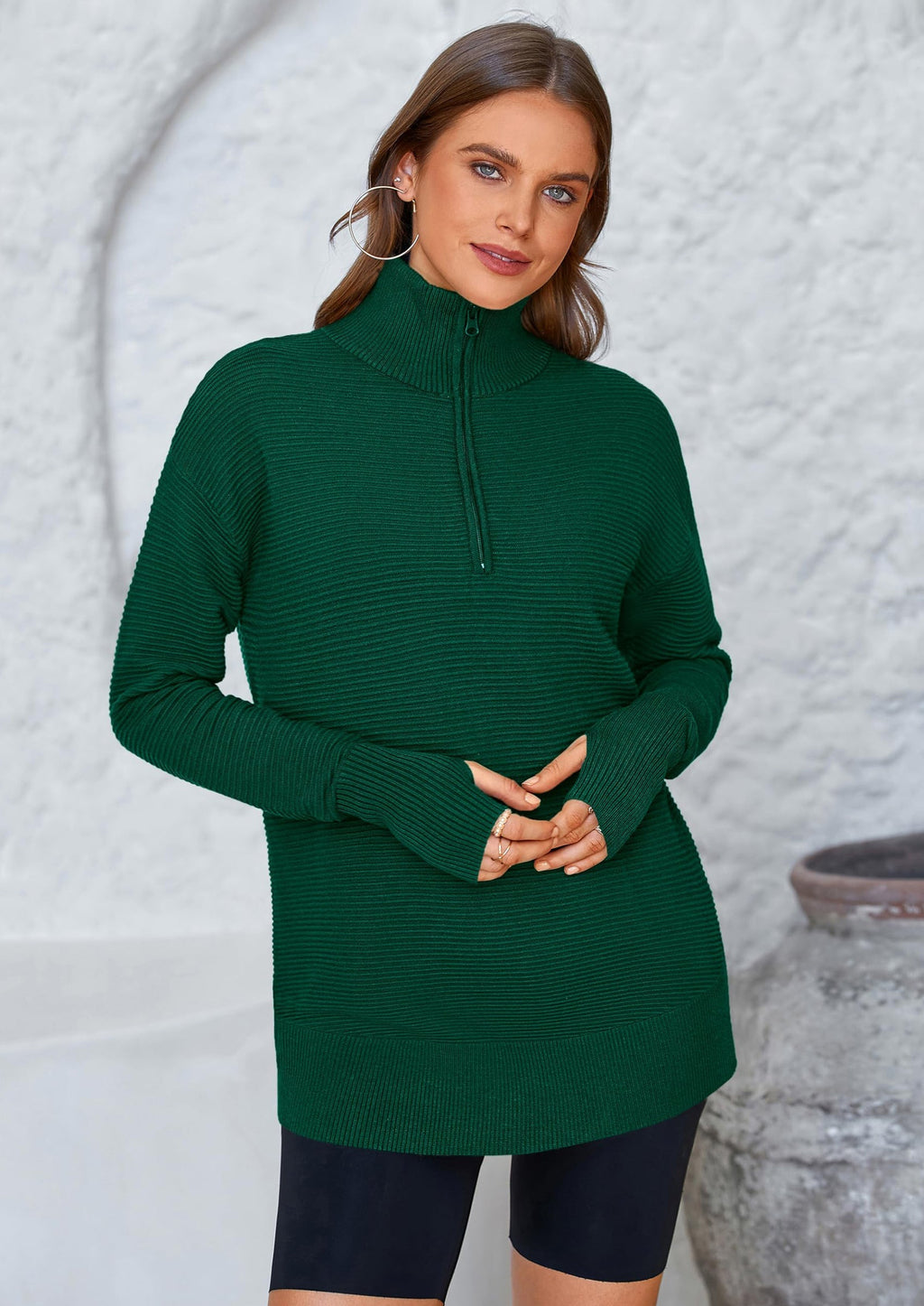 Womens Long Sleeve Quarter Zip Pullover Sweater Casual Loose V Neck Collared Ribbed Knit Jumper Tops Thumb Hole