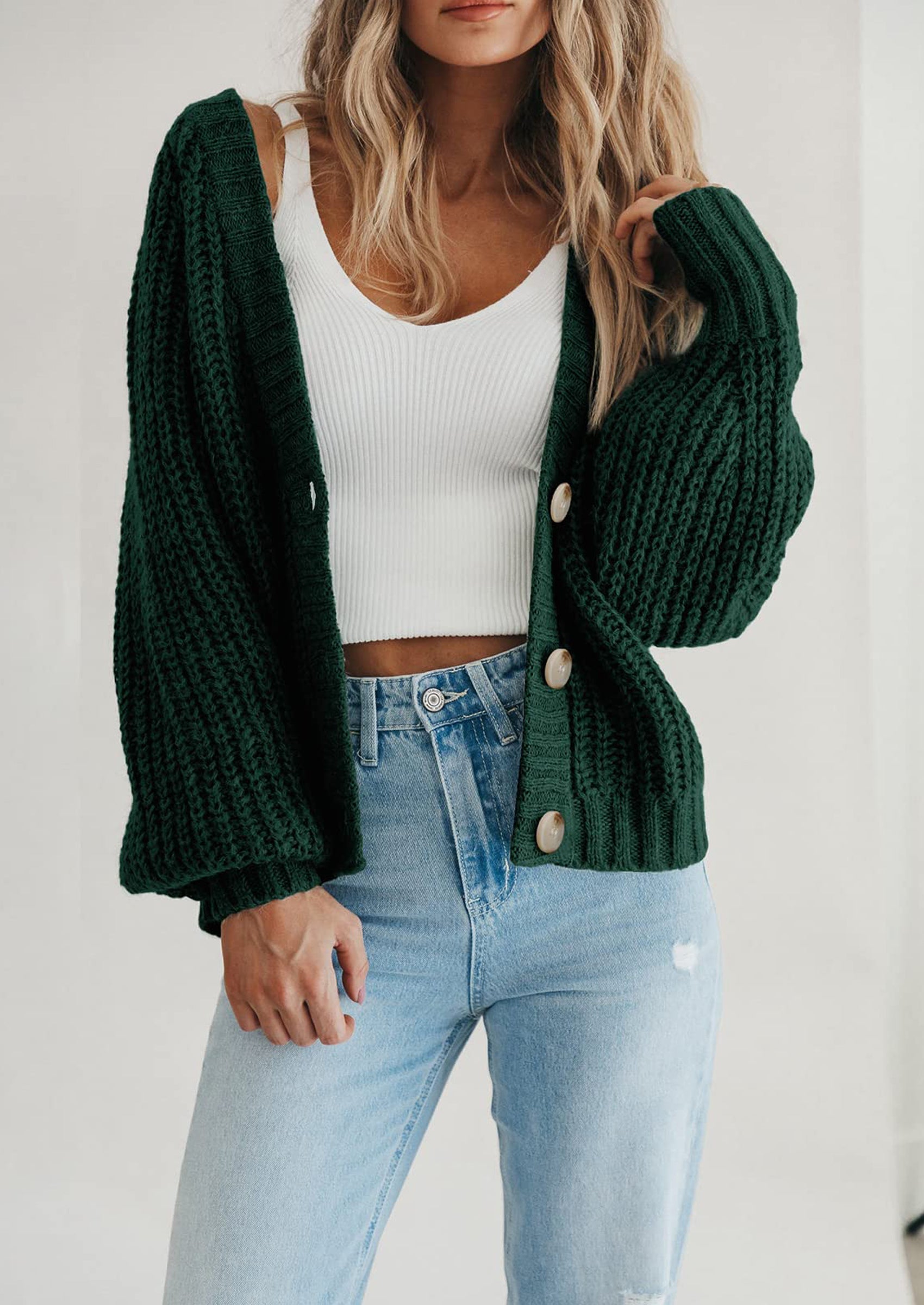 Women's Chunky Knit Open Front Sweater Long Sleeve Button Loose Short Cardigan Outerwear Coats