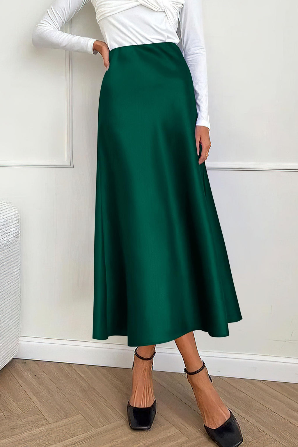 Women's Satin Skirts Dressy Casual Fall High Waisted Cocktail Wedding Flowy Elegant A Line Midi Skirt