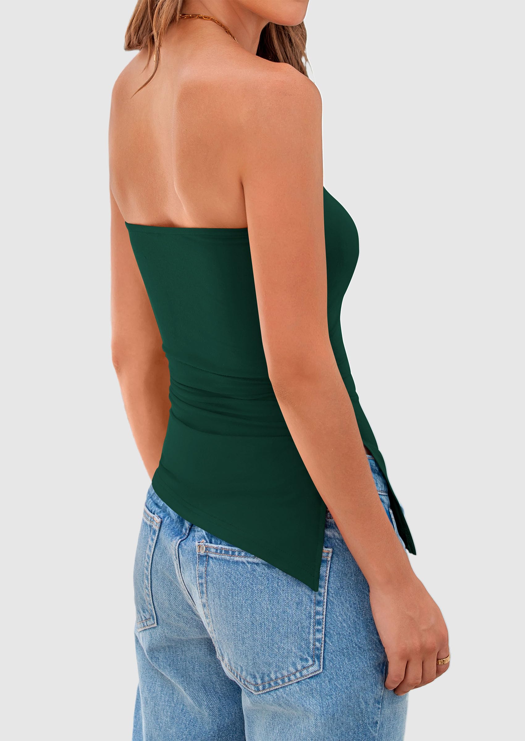 Womens Summer Tube Tops Trendy Strapless Ruched Going Out Tops Outfits Asymmetrical Bandeau Shirts