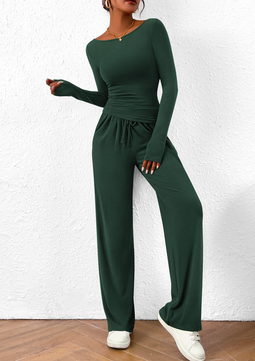 Women's 2 Piece Lounge Sets Asymmetrical Long Sleeve T Shirt Wide Leg Pants Casual Outfits Tracksuit