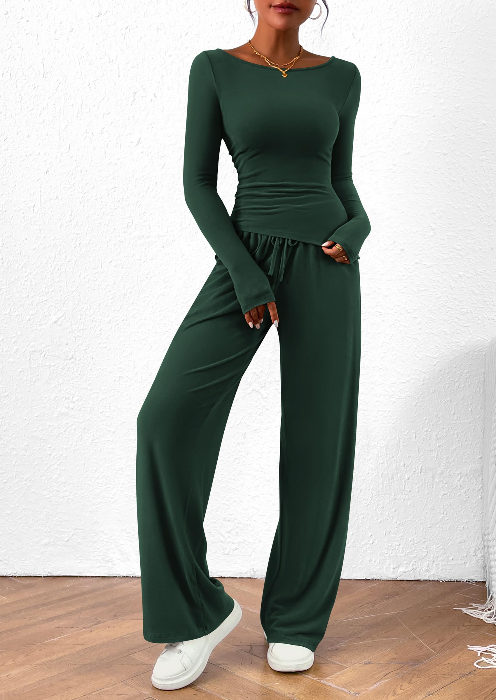Women's 2 Piece Lounge Sets Asymmetrical Long Sleeve T Shirt Wide Leg Pants Casual Outfits Tracksuit