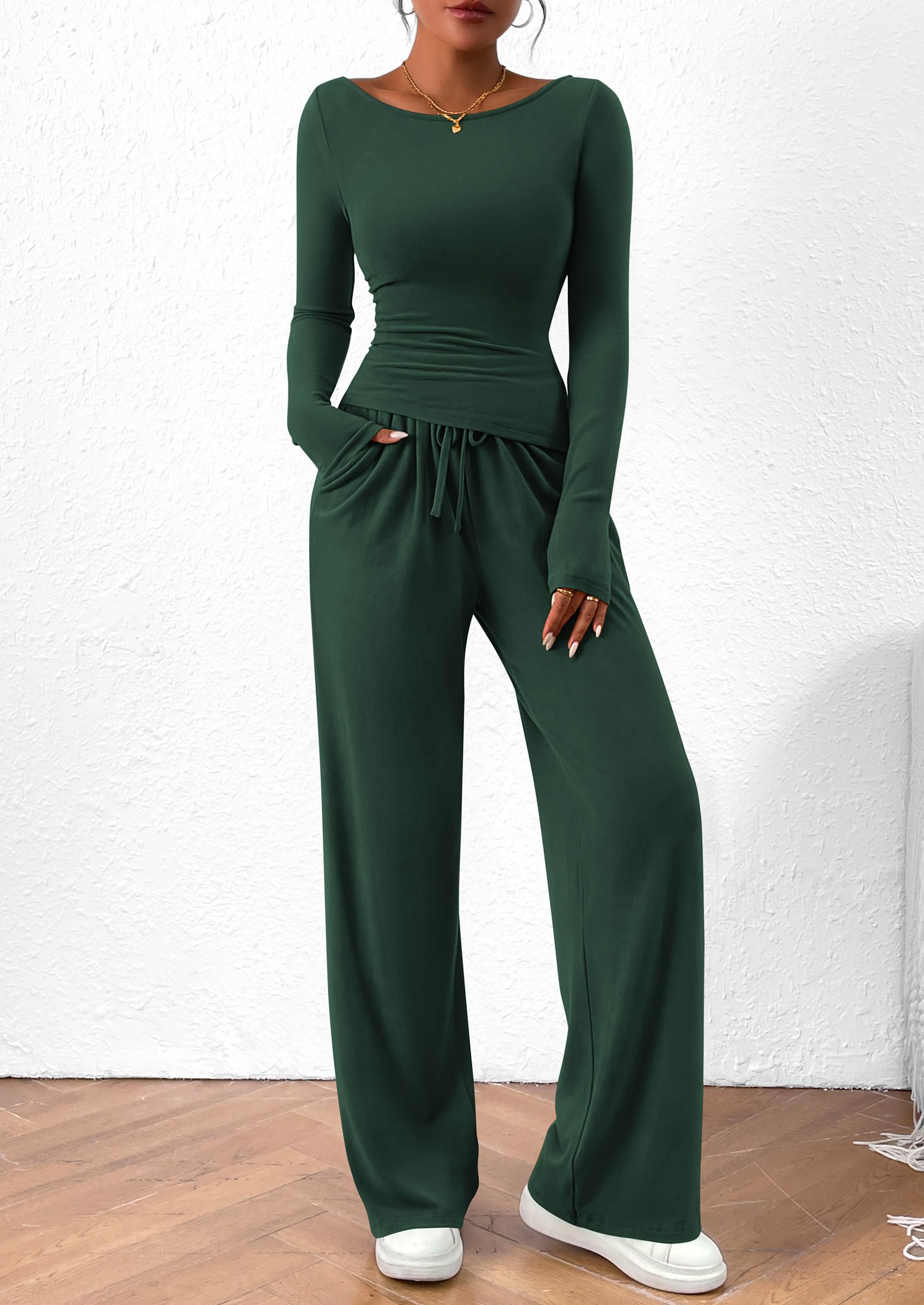 Women's 2 Piece Lounge Sets Asymmetrical Long Sleeve T Shirt Wide Leg Pants Casual Outfits Tracksuit